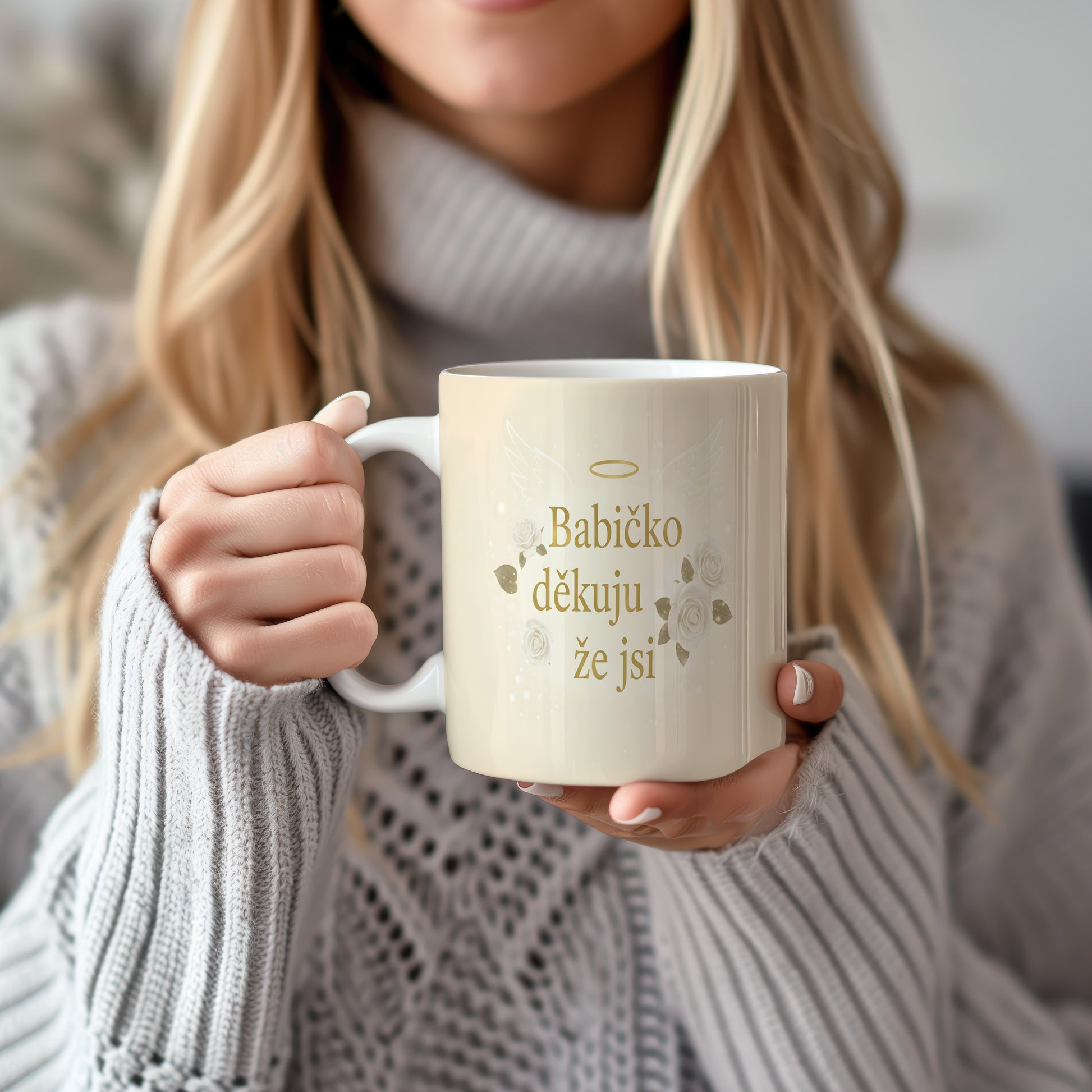 Krémový hrnek s nápisem 'Babičko děkuju že jsi', zdobený bílými růžemi a andělskými křídly.