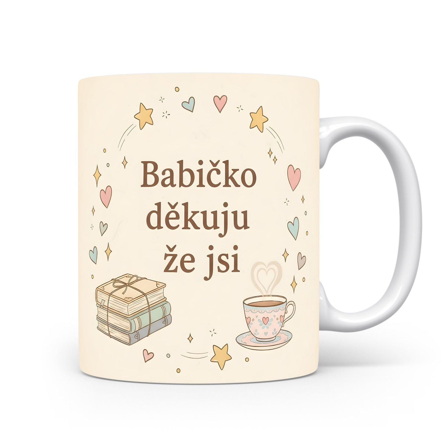 Béžový hrnek s nápisem a pastelovými srdíčky a hvězdami.