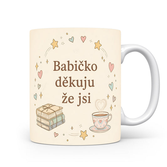 Béžový hrnek s nápisem a pastelovými srdíčky a hvězdami.