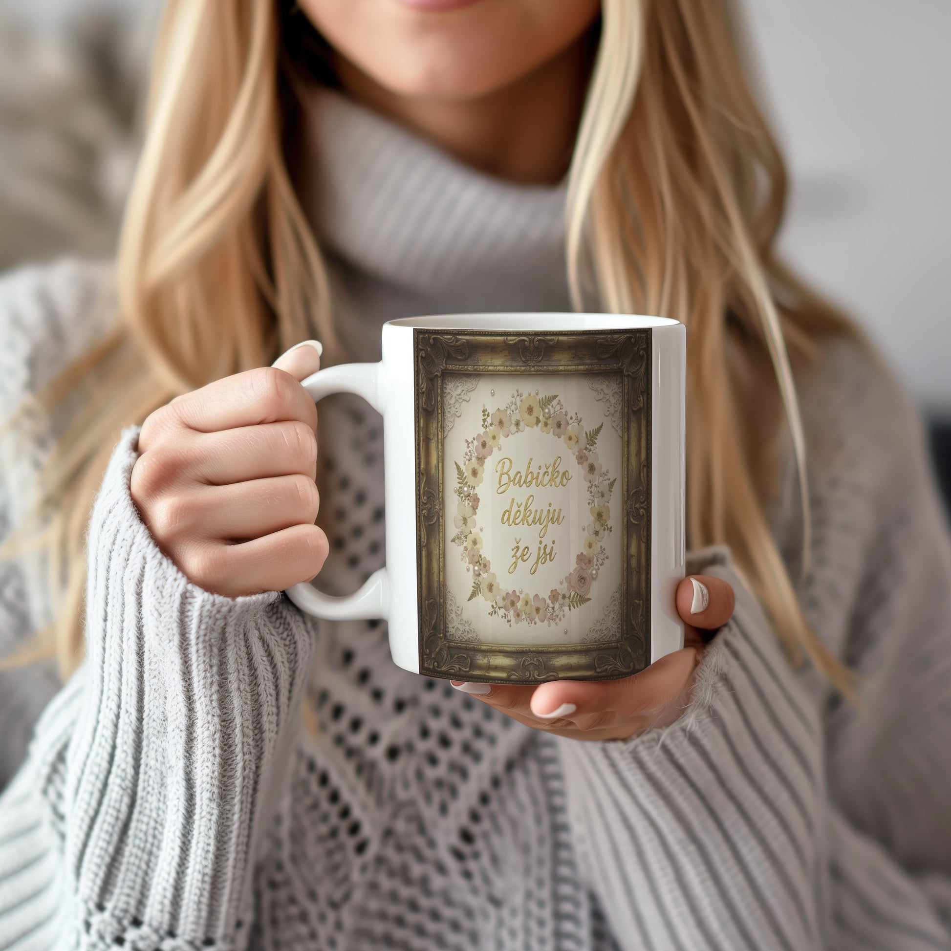 Hrnek s vintage květinovým věncem a zlatým nápisem pro babičku.