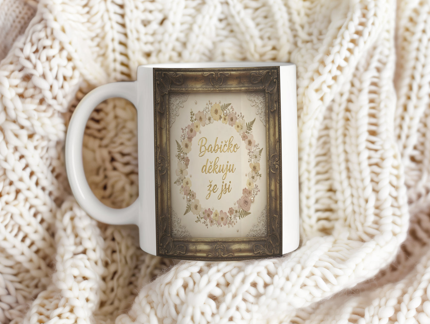Hrnek s vintage květinovým věncem a zlatým nápisem pro babičku.