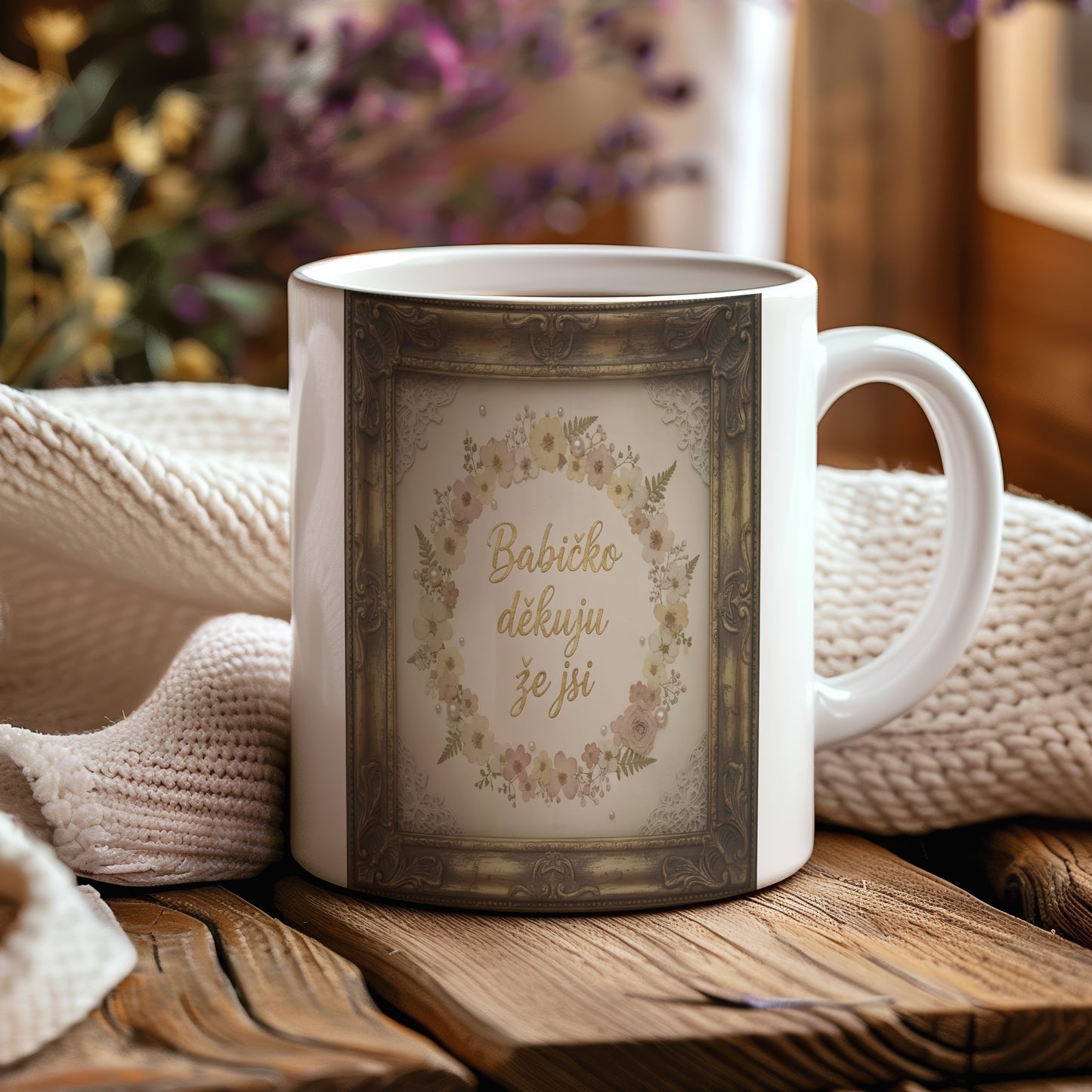 Hrnek s vintage květinovým věncem a zlatým nápisem pro babičku.