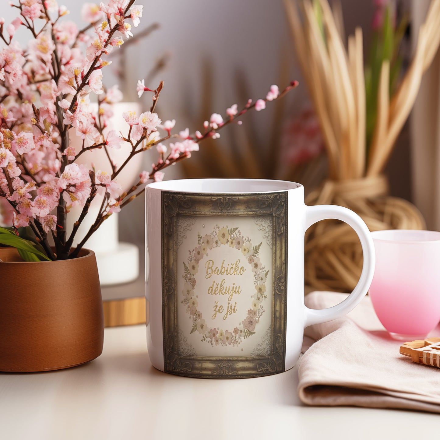 Hrnek s vintage květinovým věncem a zlatým nápisem pro babičku.