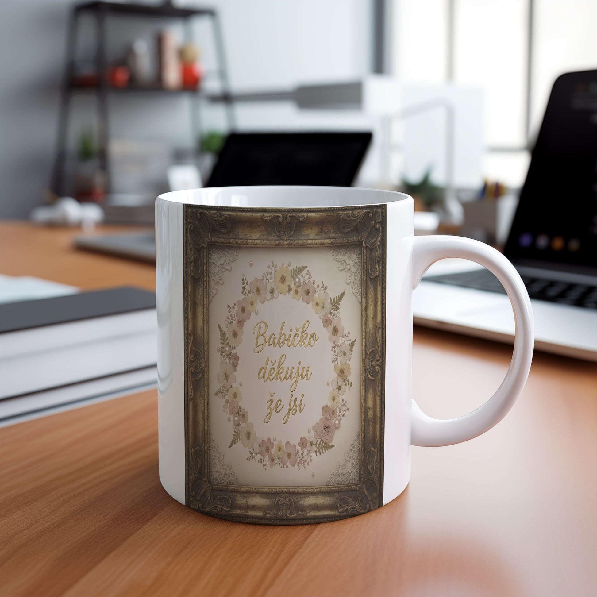 Hrnek s vintage květinovým věncem a zlatým nápisem pro babičku.
