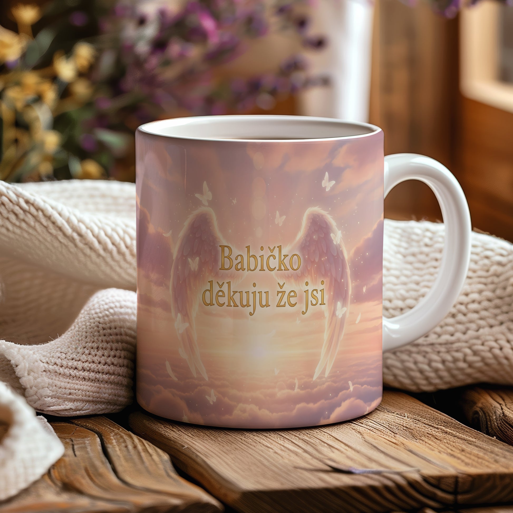 Hrnek s růžovými křídly a motýly na pastelovém pozadí.