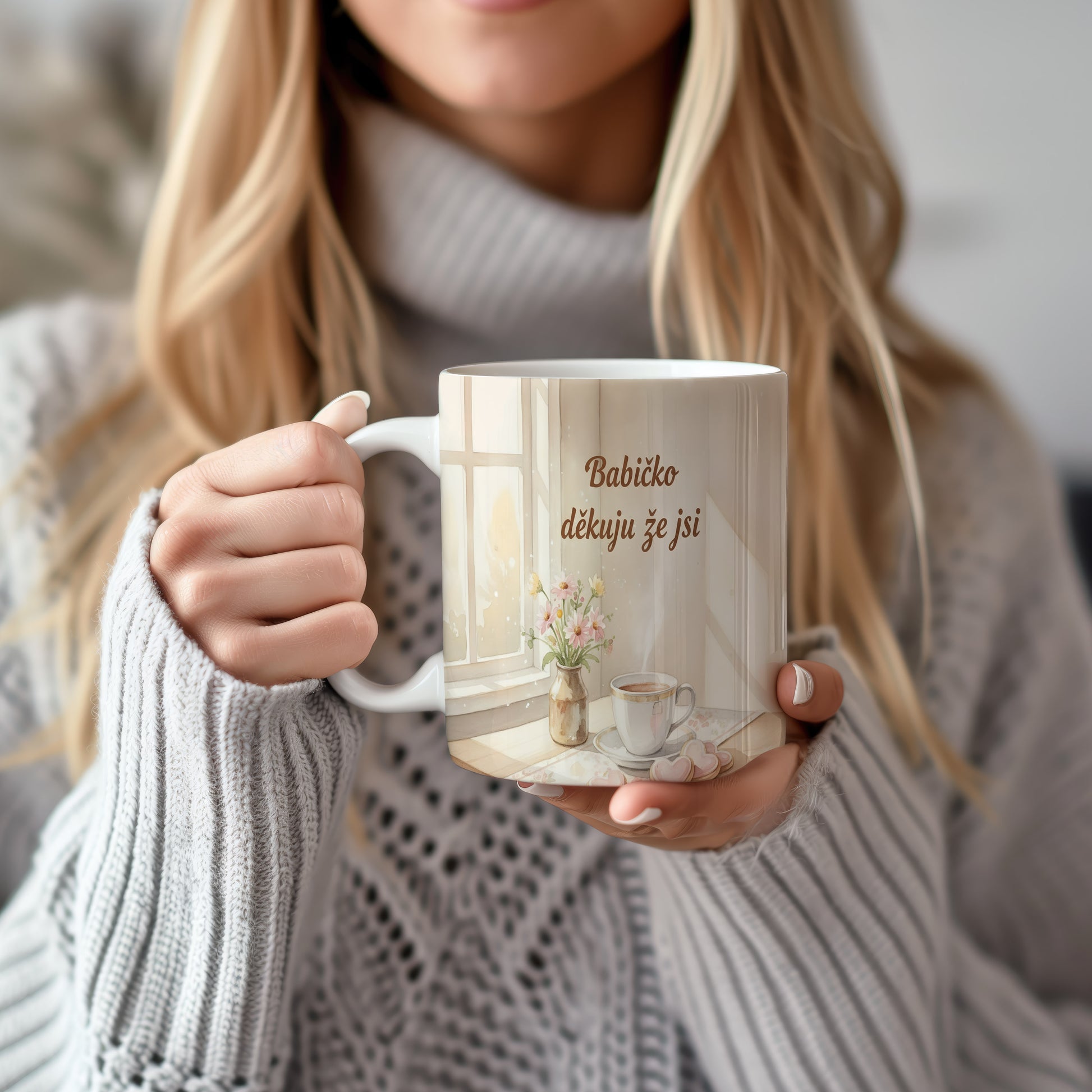 Hrnek s akvarelovým motivem květin a šálkem kávy.