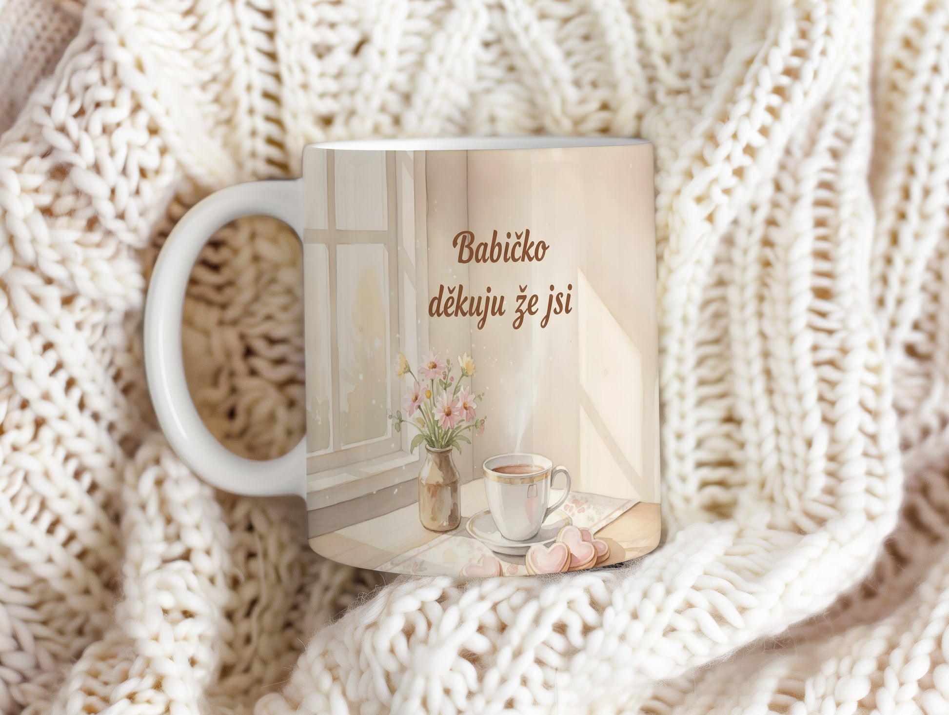 Hrnek s akvarelovým motivem květin a šálkem kávy.