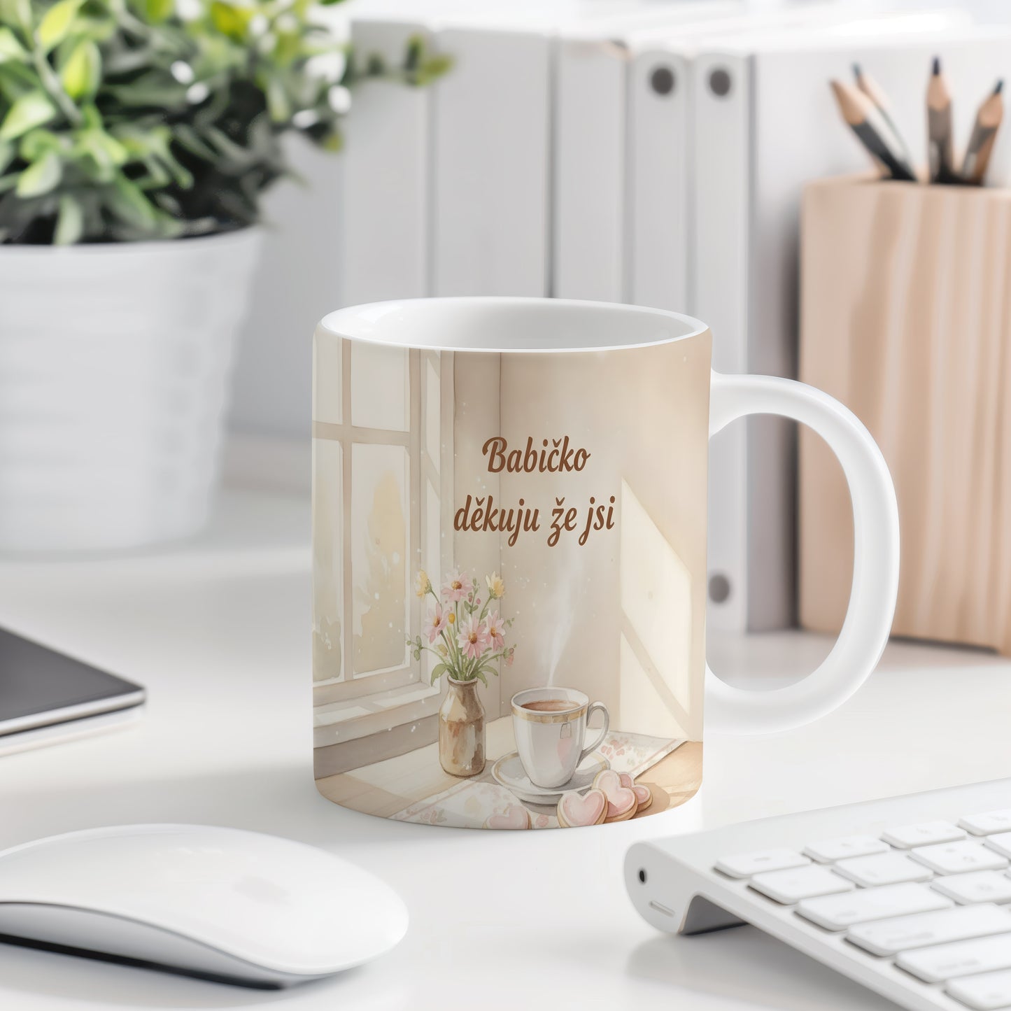 Hrnek s akvarelovým motivem květin a šálkem kávy.