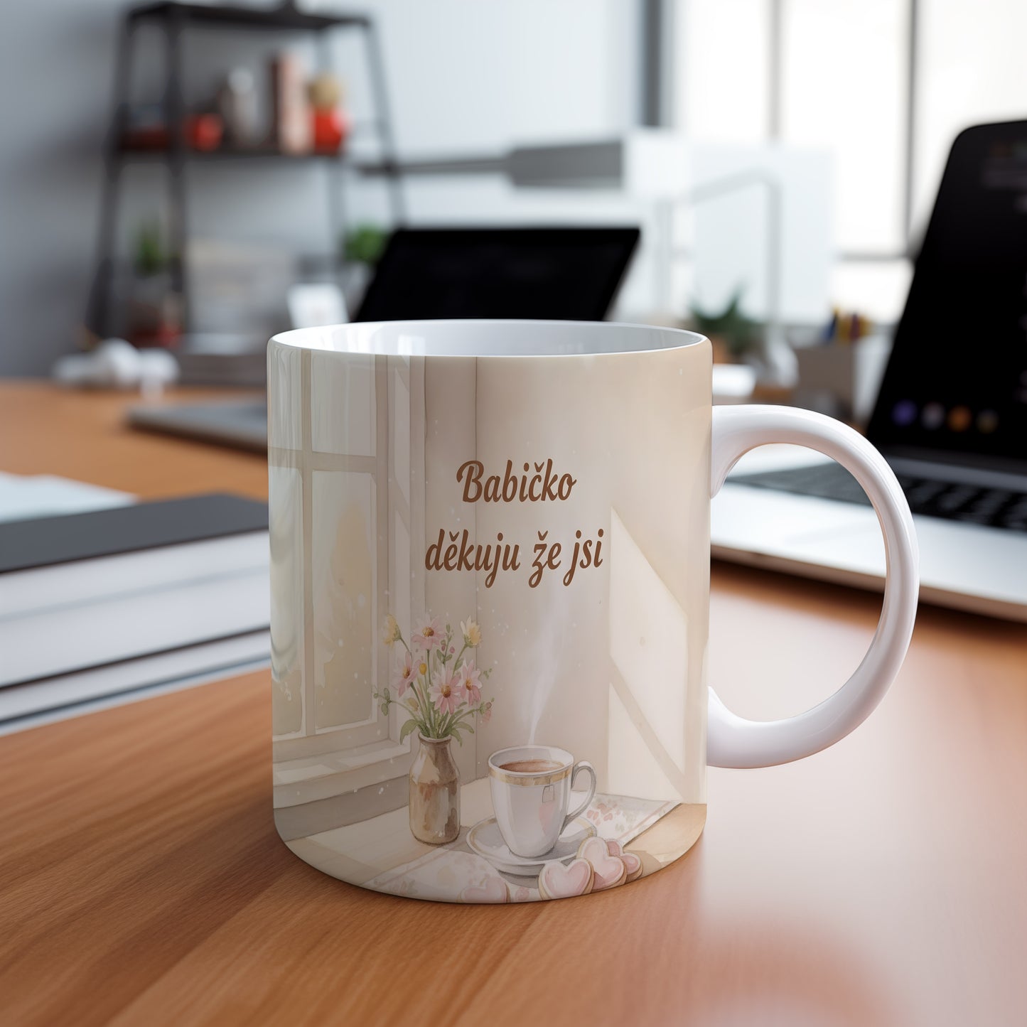 Hrnek s akvarelovým motivem květin a šálkem kávy.