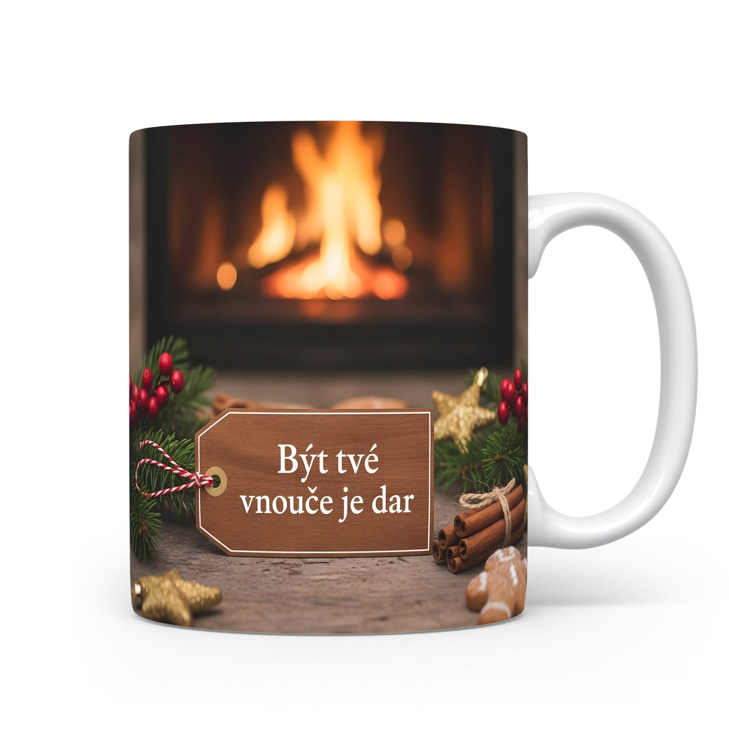 Hrnek s vánočním motivem a nápisem Být tvé vnouče je dar.