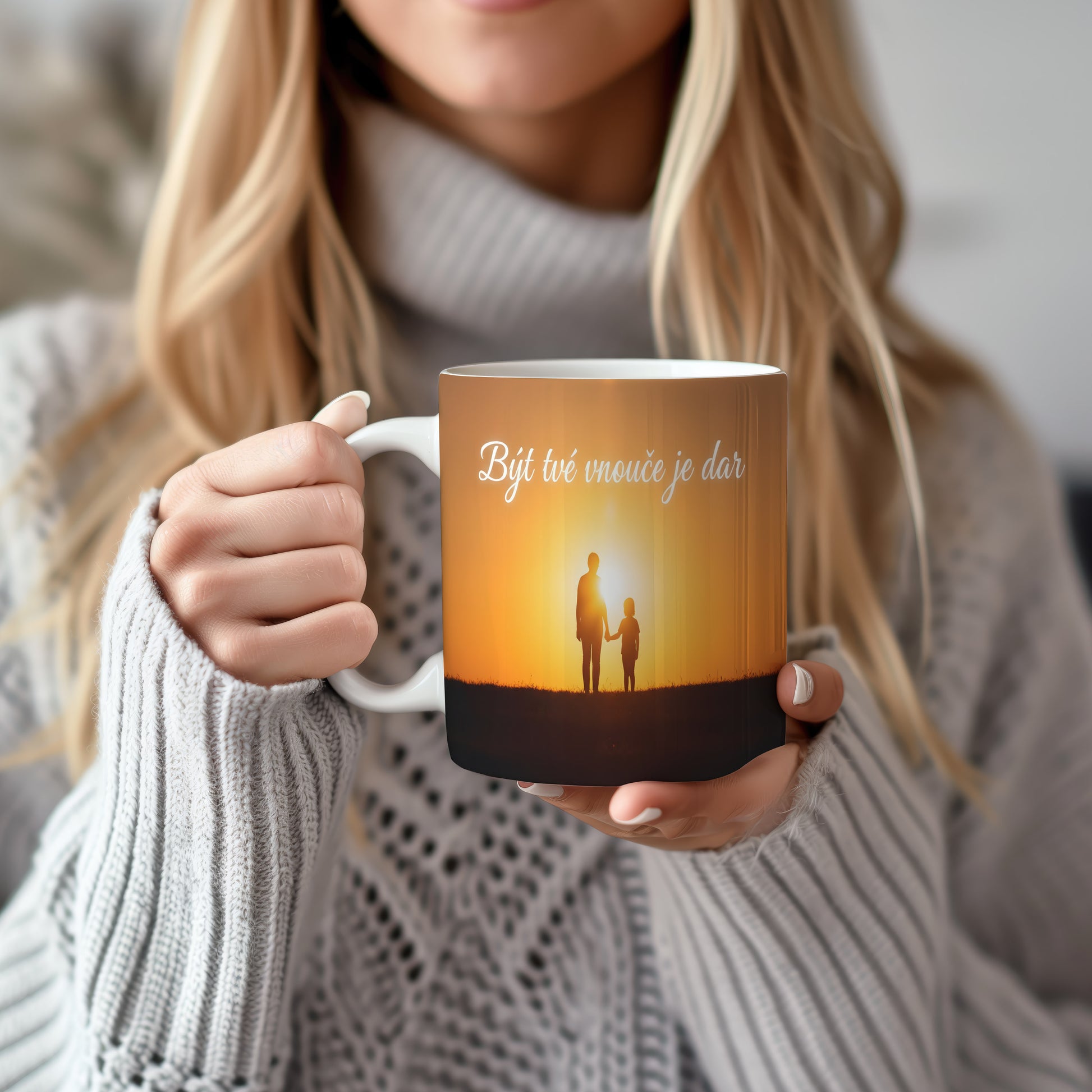 Hrnek s motivem siluety babičky a vnoučete při západu slunce.