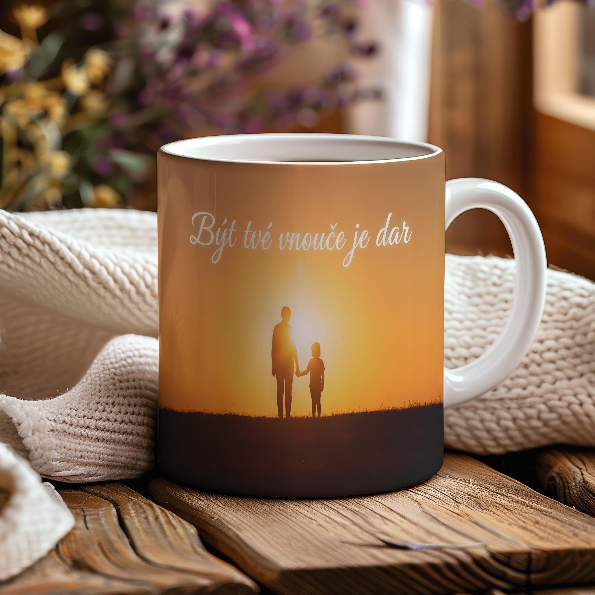 Hrnek s motivem siluety babičky a vnoučete při západu slunce.