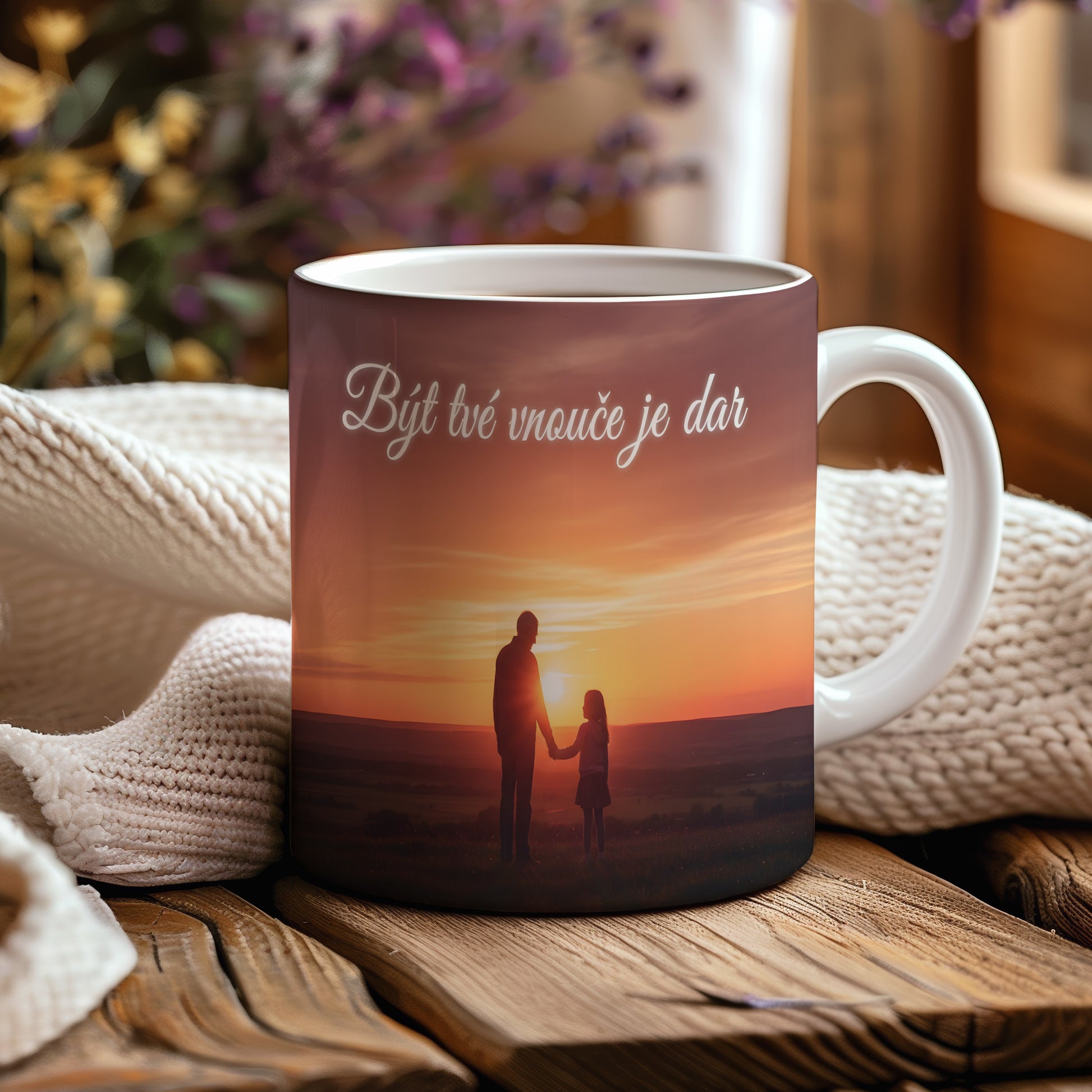 Hrnek s motivem siluety v západu slunce a nápisem Být tvé vnouče je dar.