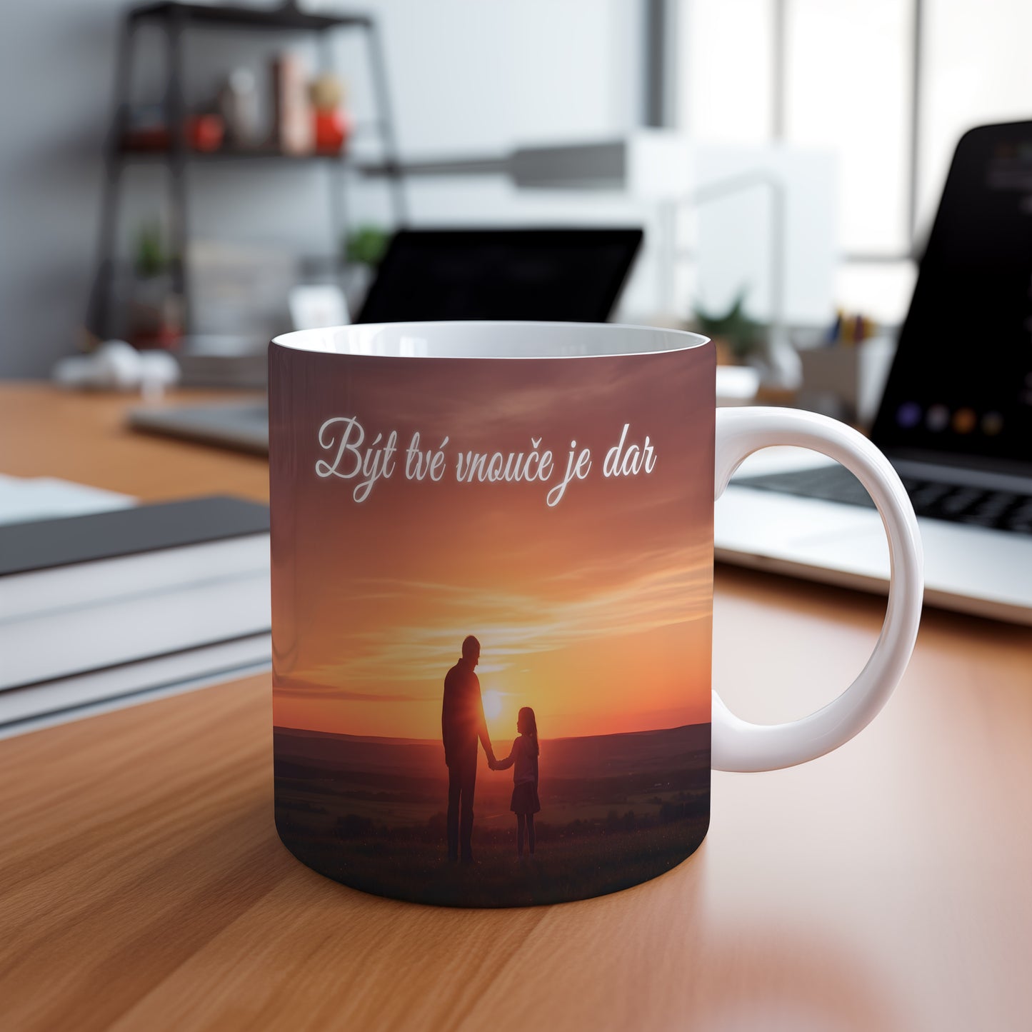 Hrnek s motivem siluety v západu slunce a nápisem Být tvé vnouče je dar.