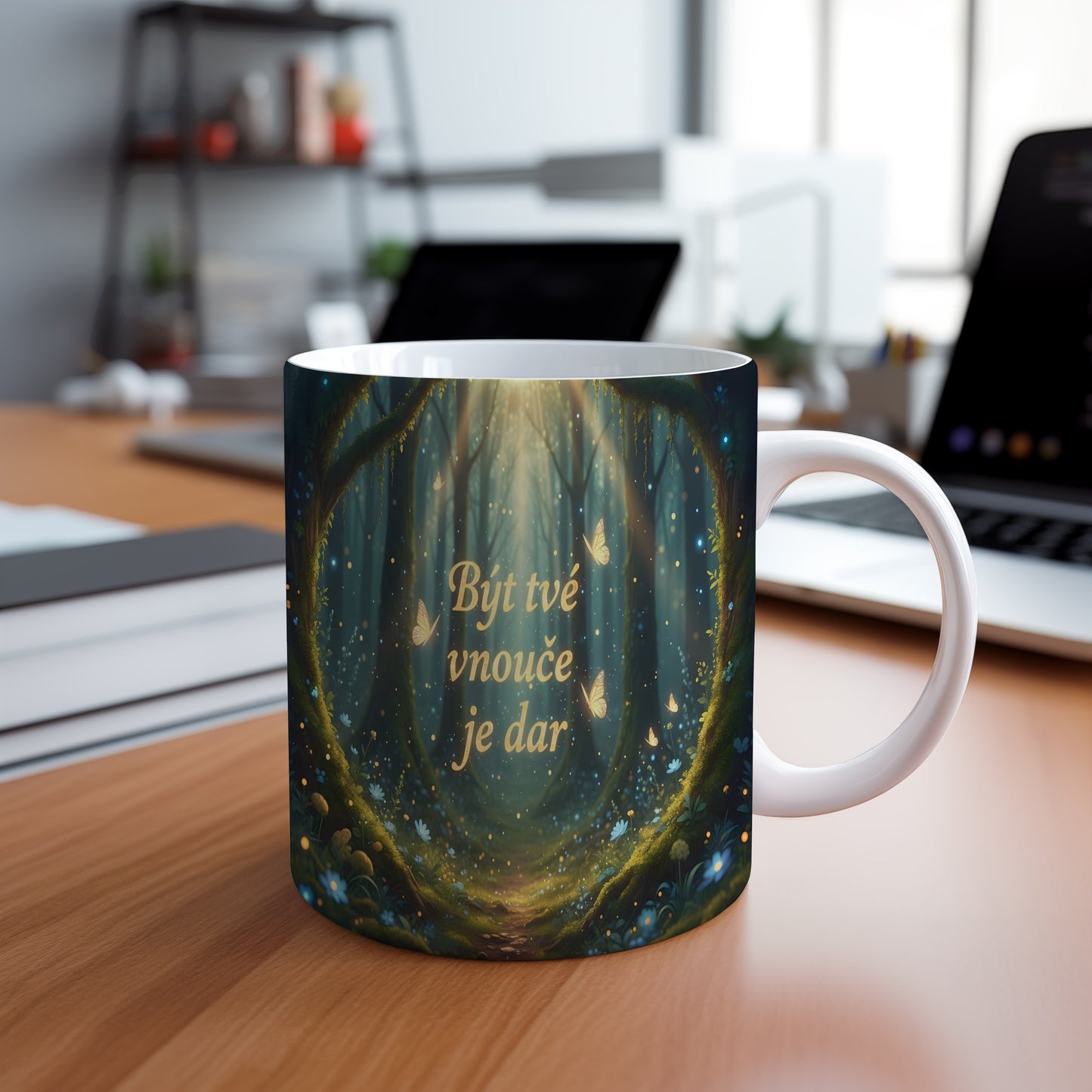 Hrnek s pohádkovým lesem a zlatými motýly.