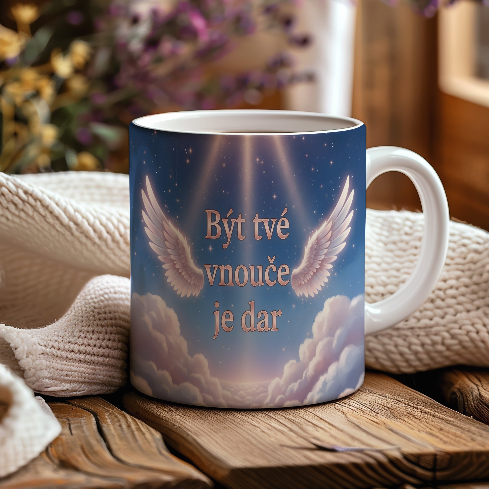 Hrnek s motivem křídel a nebe, text 'Být tvé vnouče je dar'.