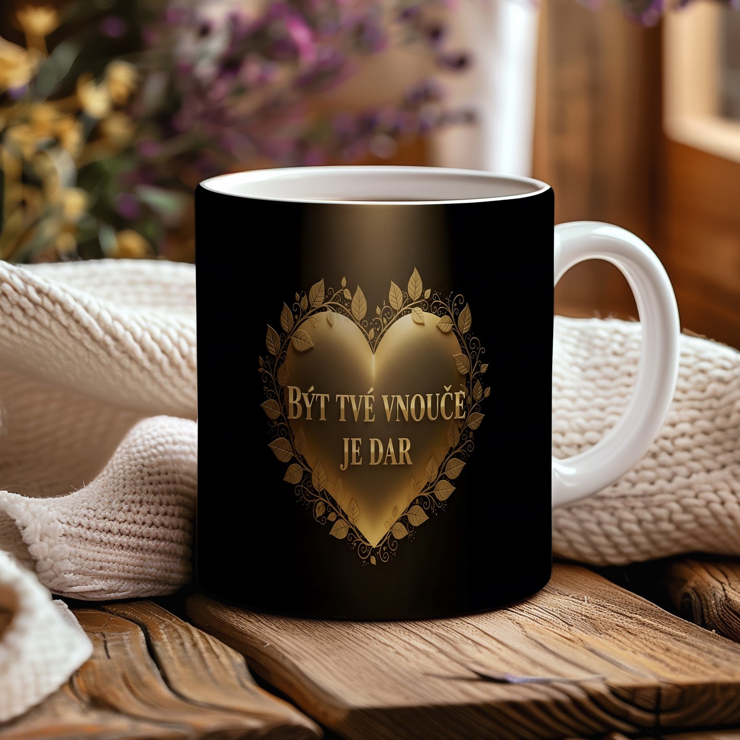 Hrnek s motivem zlatého srdce a nápisem Být tvé vnouče je dar.