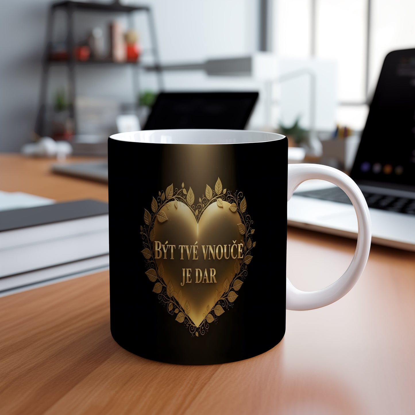 Hrnek s motivem zlatého srdce a nápisem Být tvé vnouče je dar.