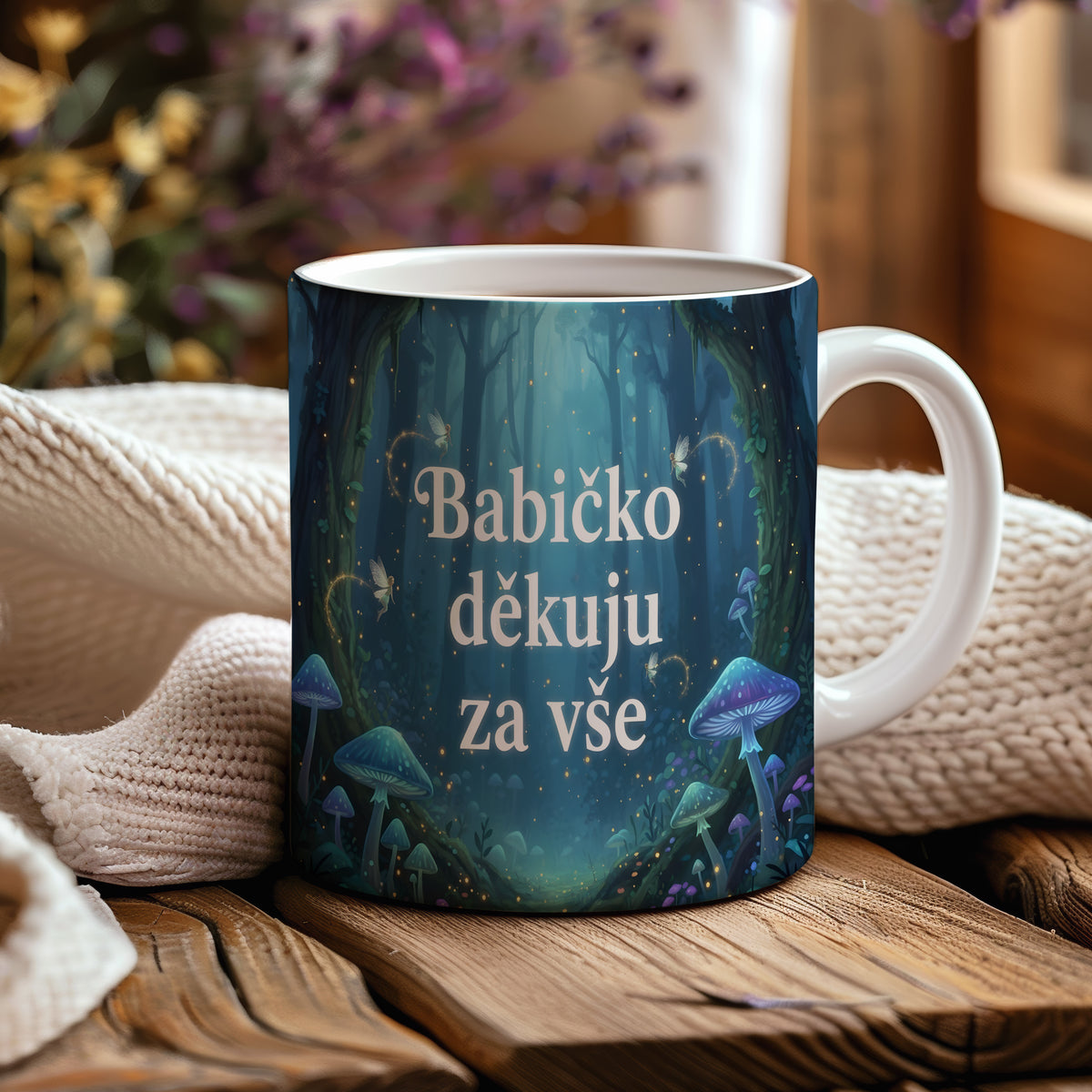 Hrnek s motivem pohádkového lesa, světlušek a hub.