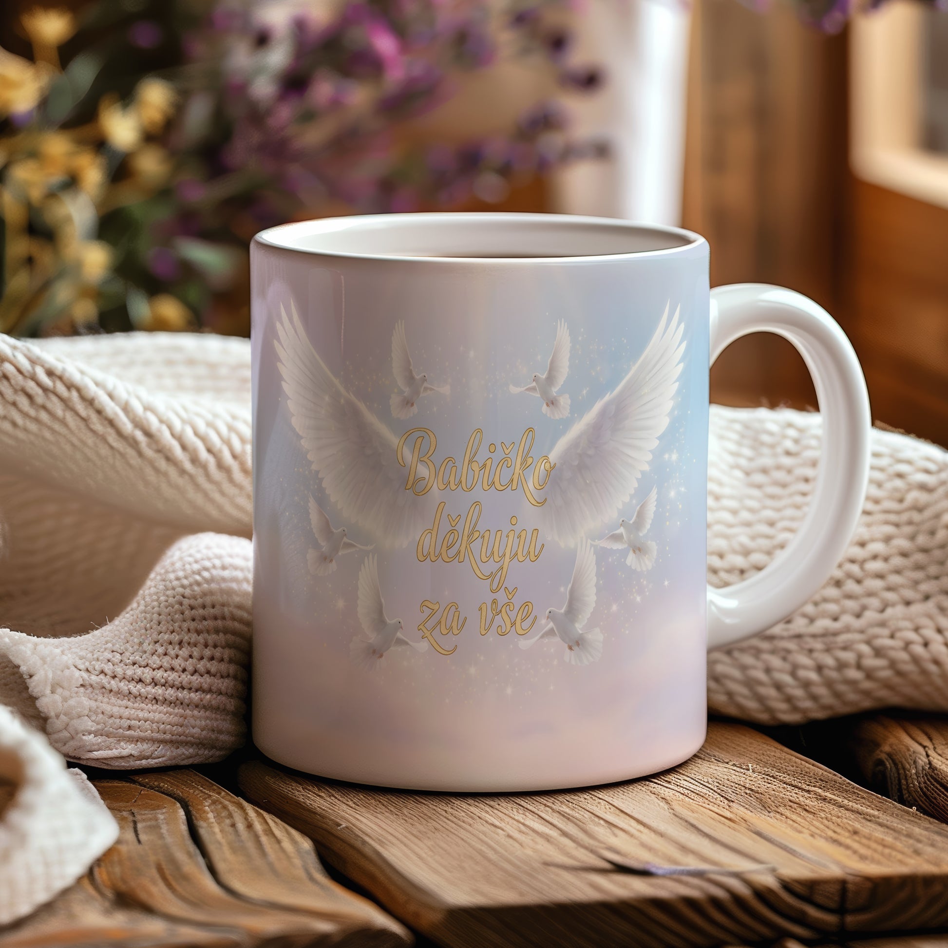 Hrnek s pastelovým motivem holubic a nápisem Babičko děkuju za vše.