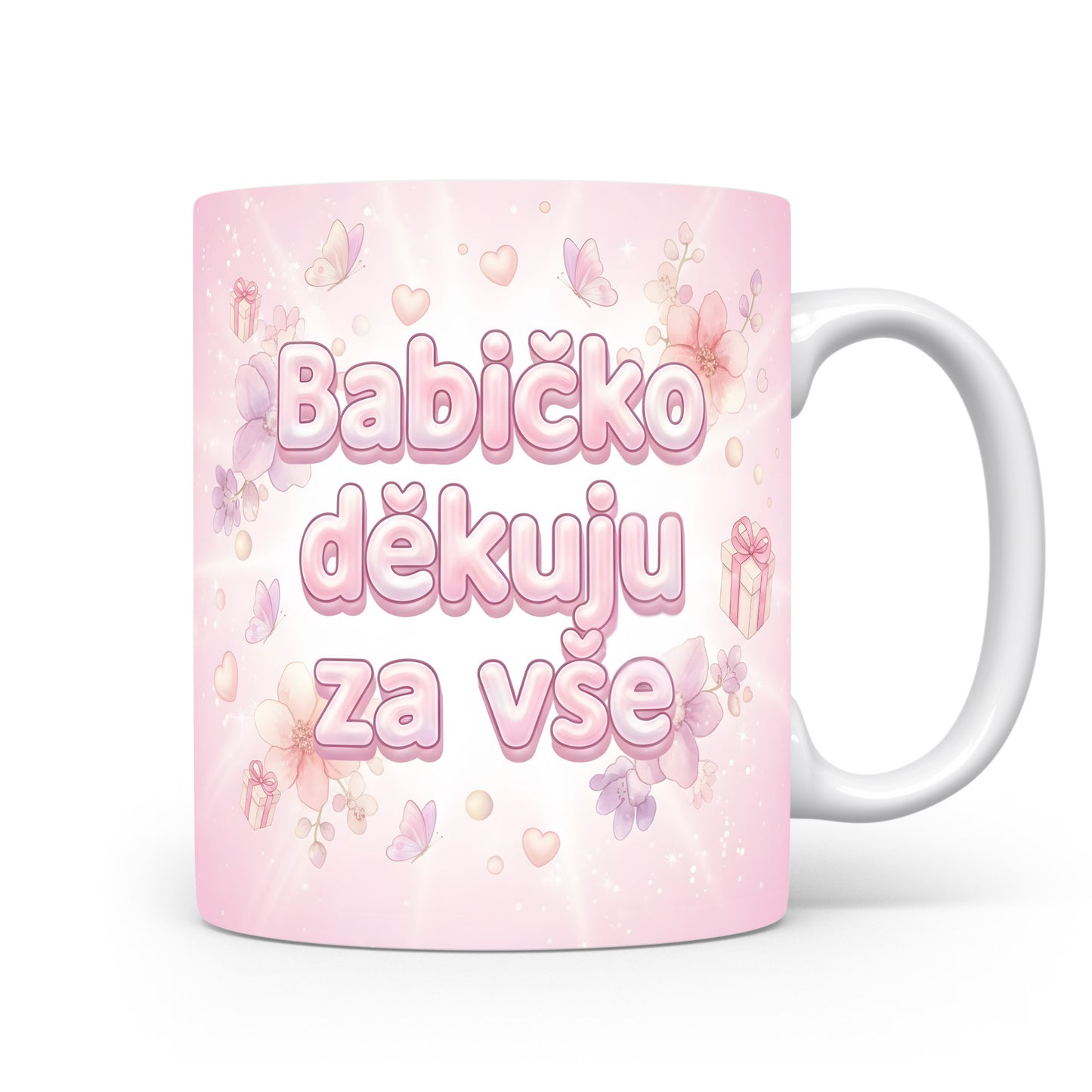 Růžový hrnek s květinami, motýly a nápisem 'Babičko děkuju za vše'.