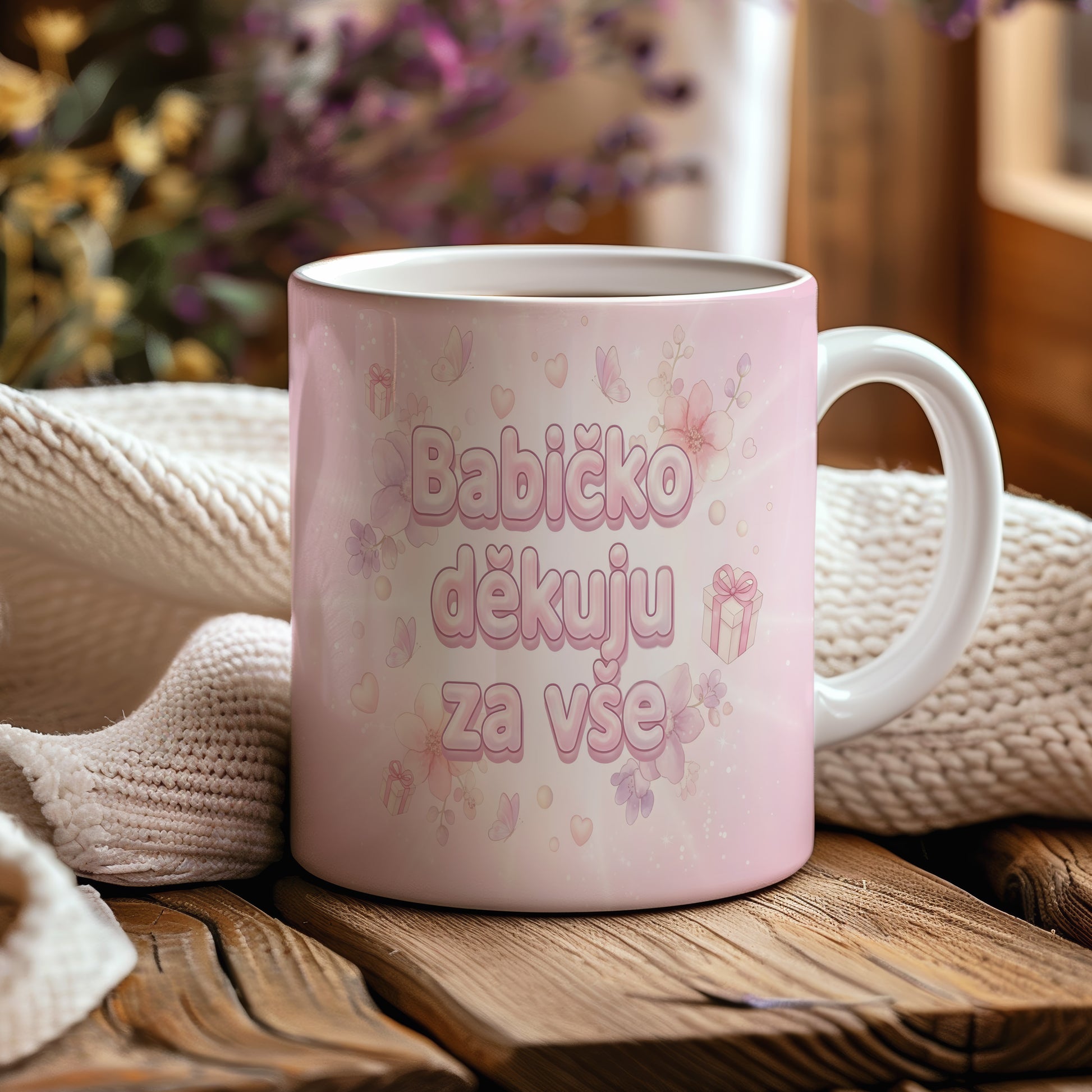 Růžový hrnek s květinami, motýly a nápisem 'Babičko děkuju za vše'.