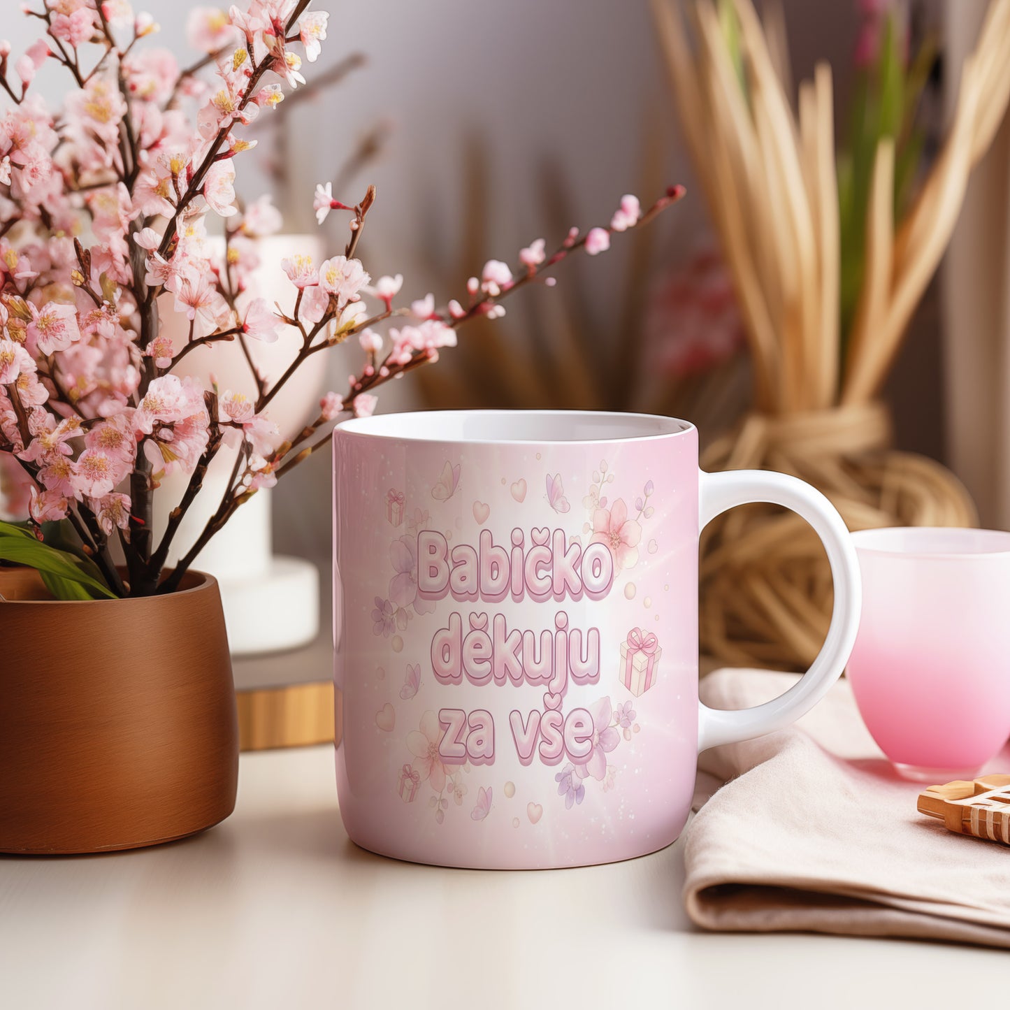 Růžový hrnek s květinami, motýly a nápisem 'Babičko děkuju za vše'.