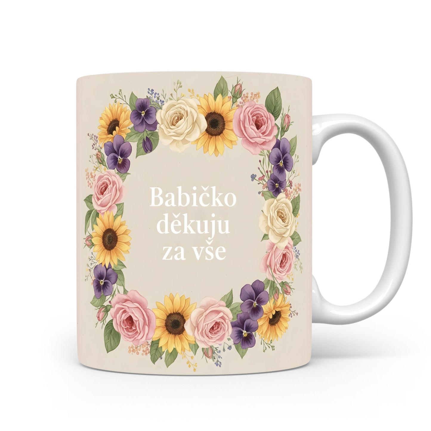 Hrnek s nápisem 'Babičko děkuju za vše' a květinovým motivem.