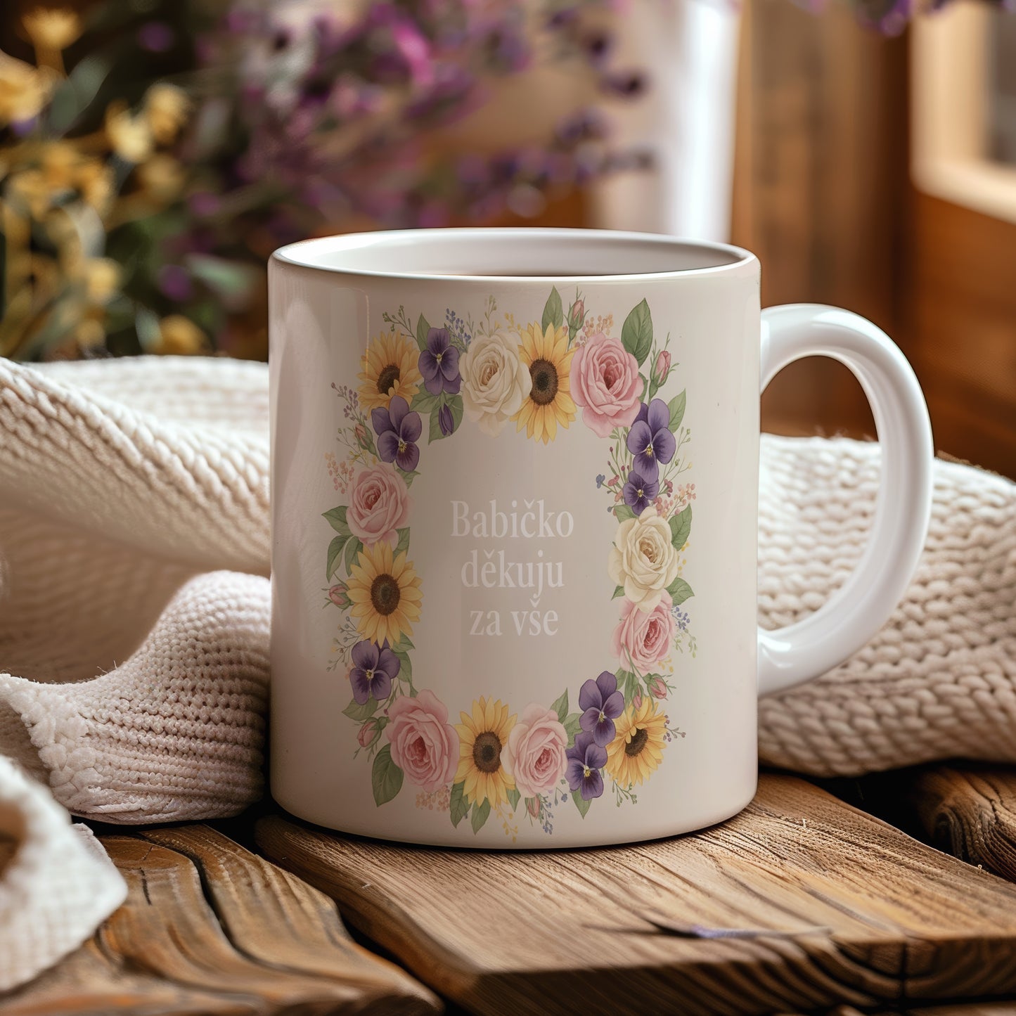 Hrnek s nápisem 'Babičko děkuju za vše' a květinovým motivem.