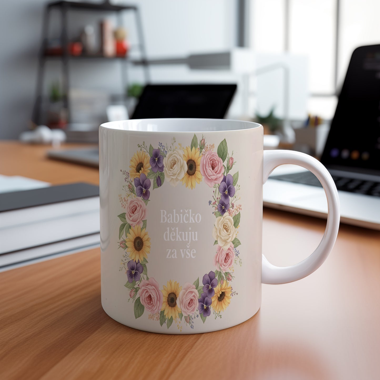 Hrnek s nápisem 'Babičko děkuju za vše' a květinovým motivem.