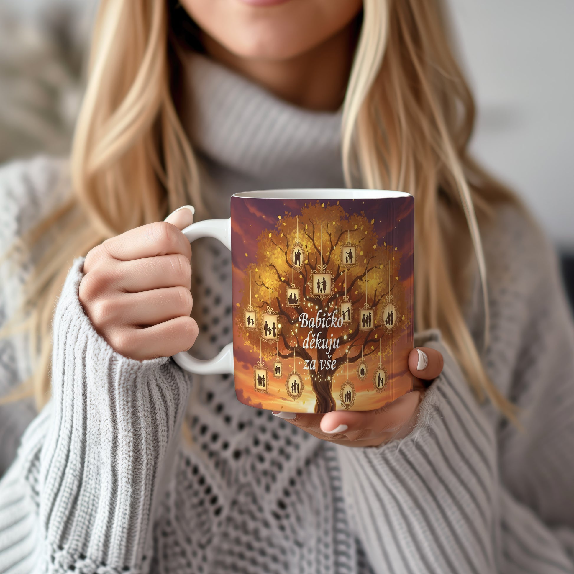 Hrnek s motivem rodinného stromu a zlatými rámečky.