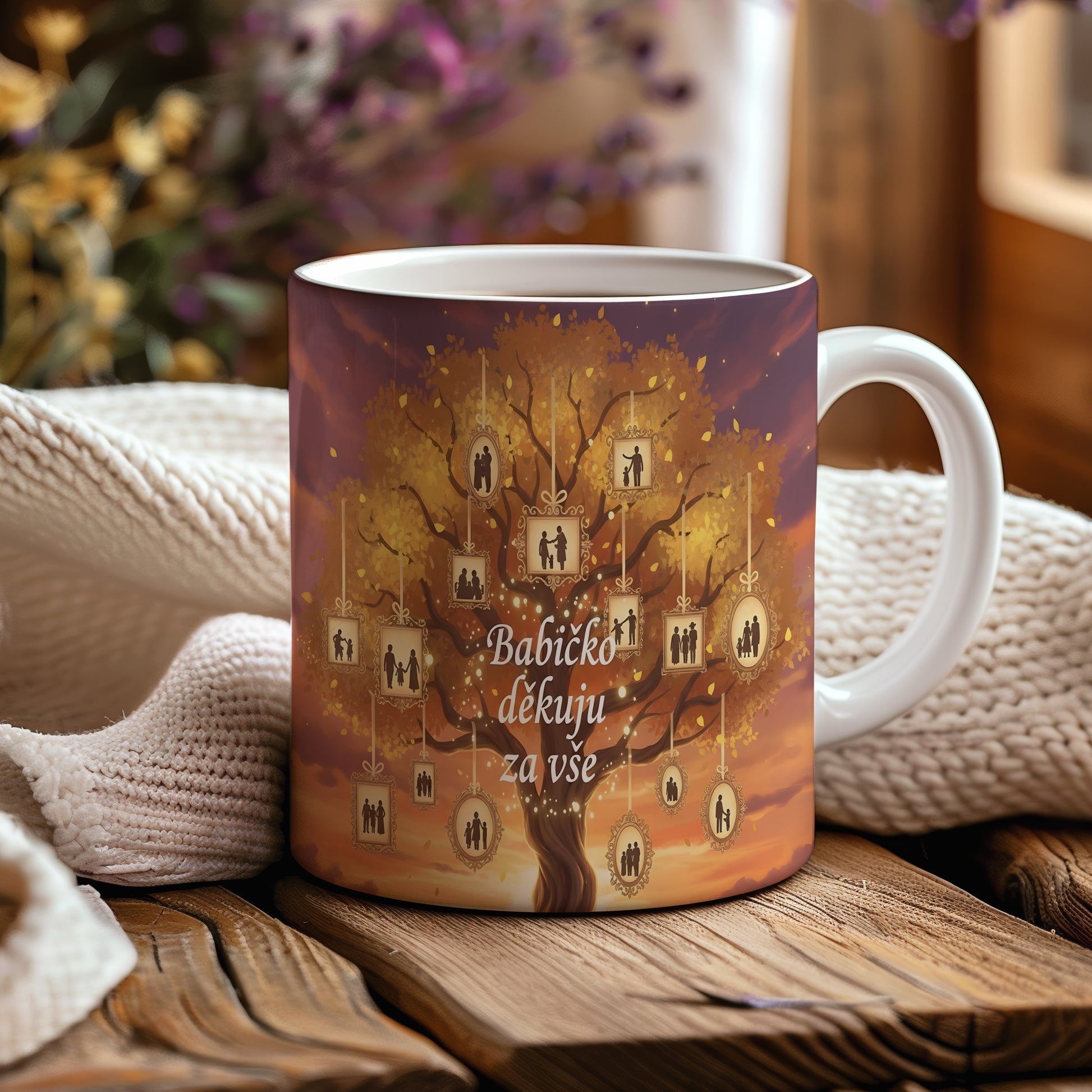 Hrnek s motivem rodinného stromu a zlatými rámečky.