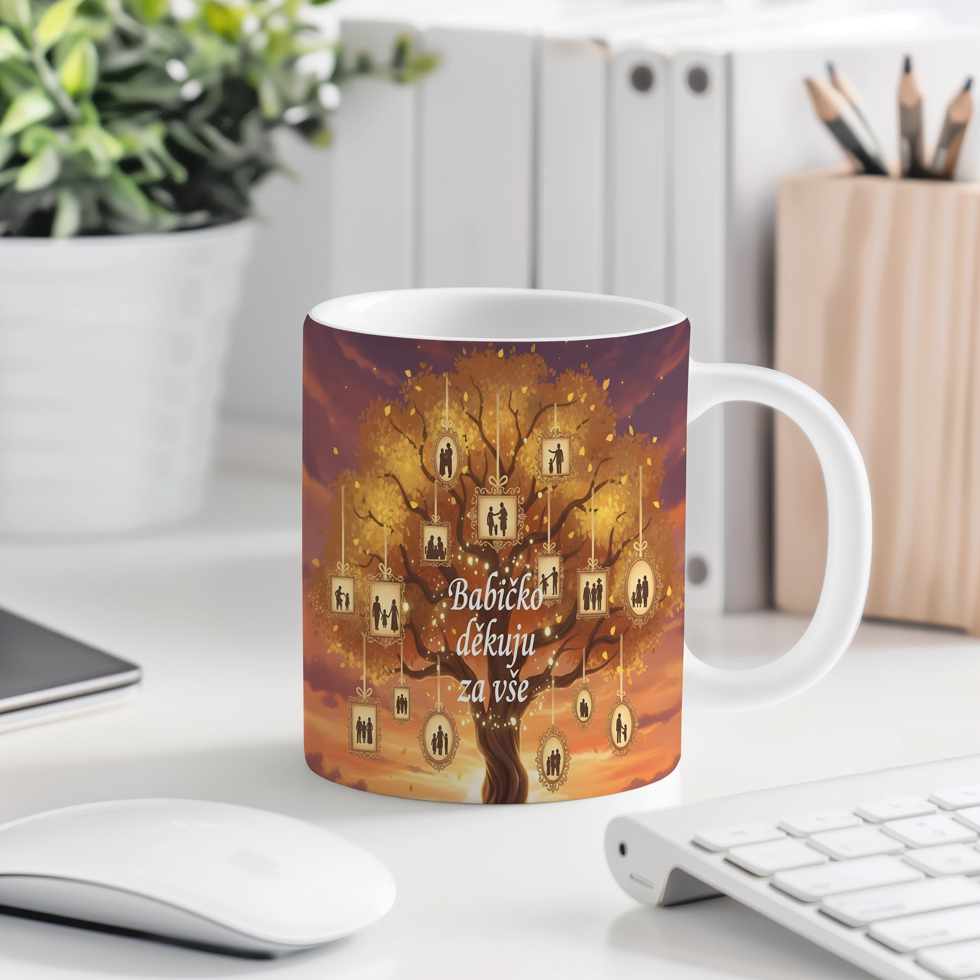 Hrnek s motivem rodinného stromu a zlatými rámečky.