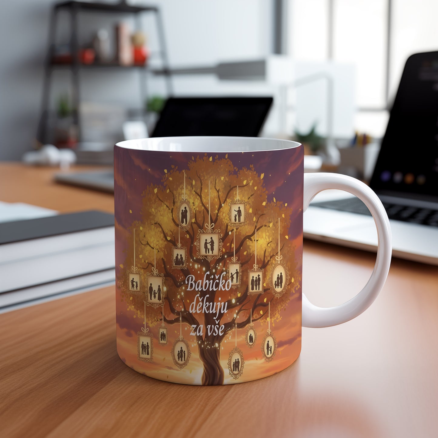 Hrnek s motivem rodinného stromu a zlatými rámečky.