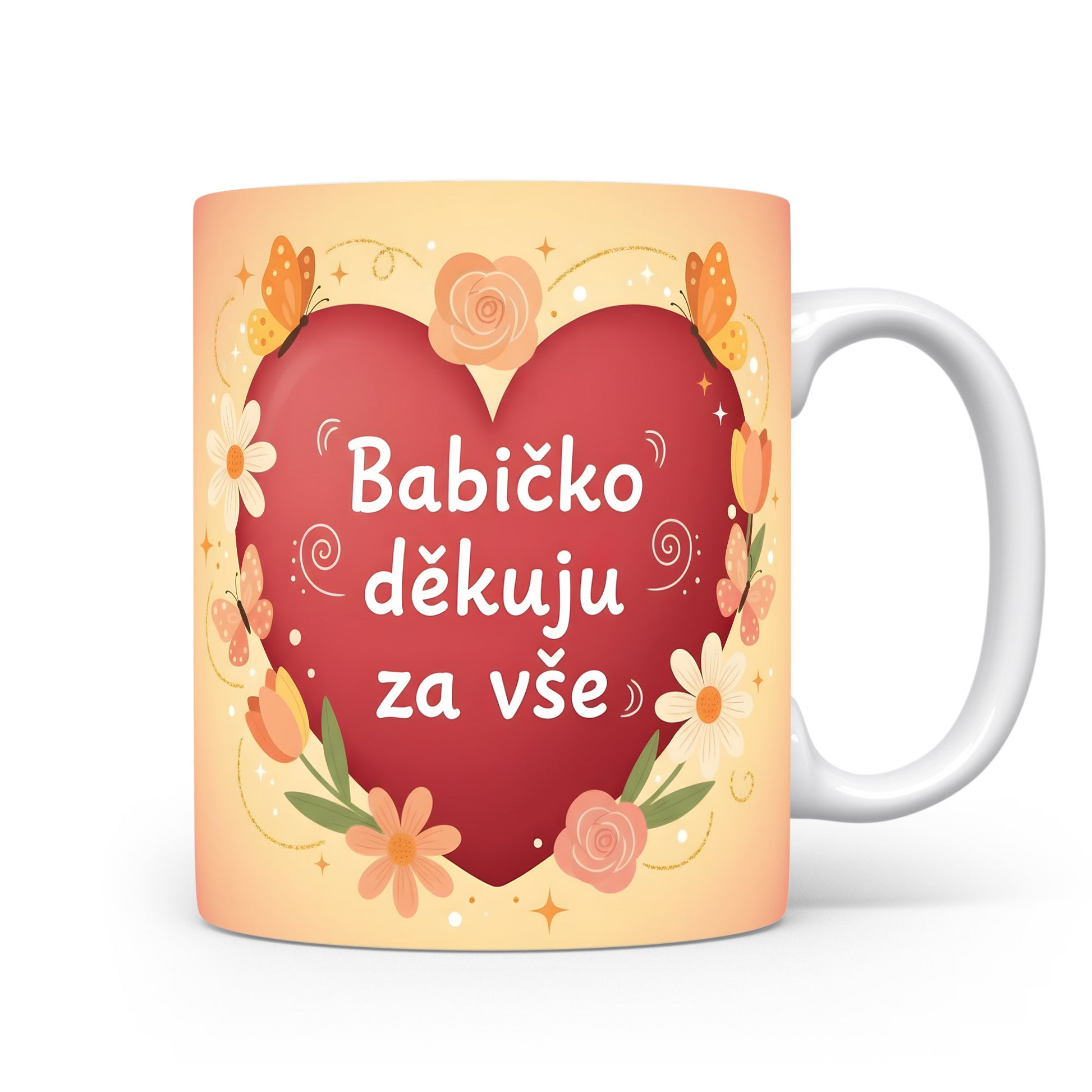 Hrnek s červeným srdcem, květinami a motýly na pastelovém pozadí.