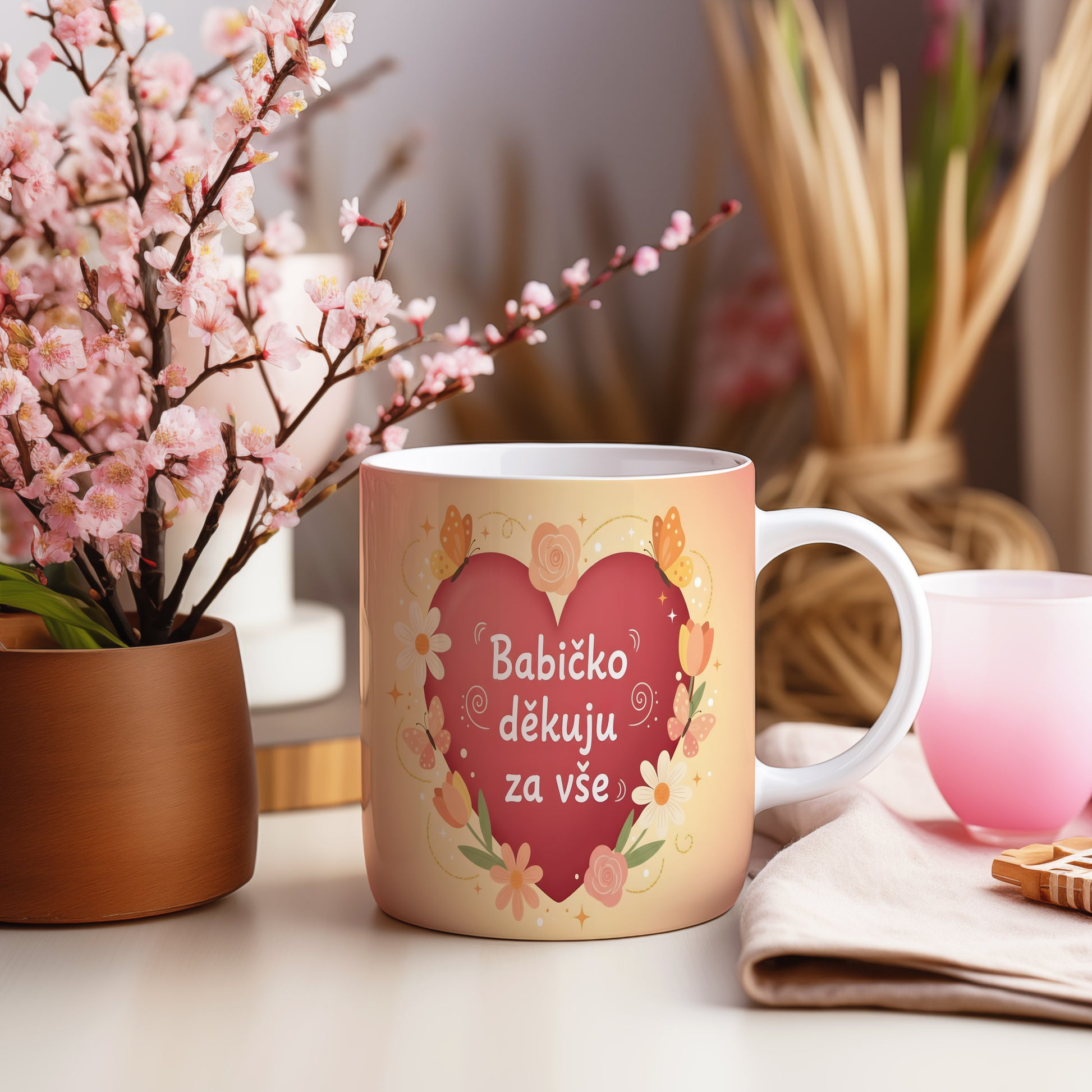 Hrnek s červeným srdcem, květinami a motýly na pastelovém pozadí.