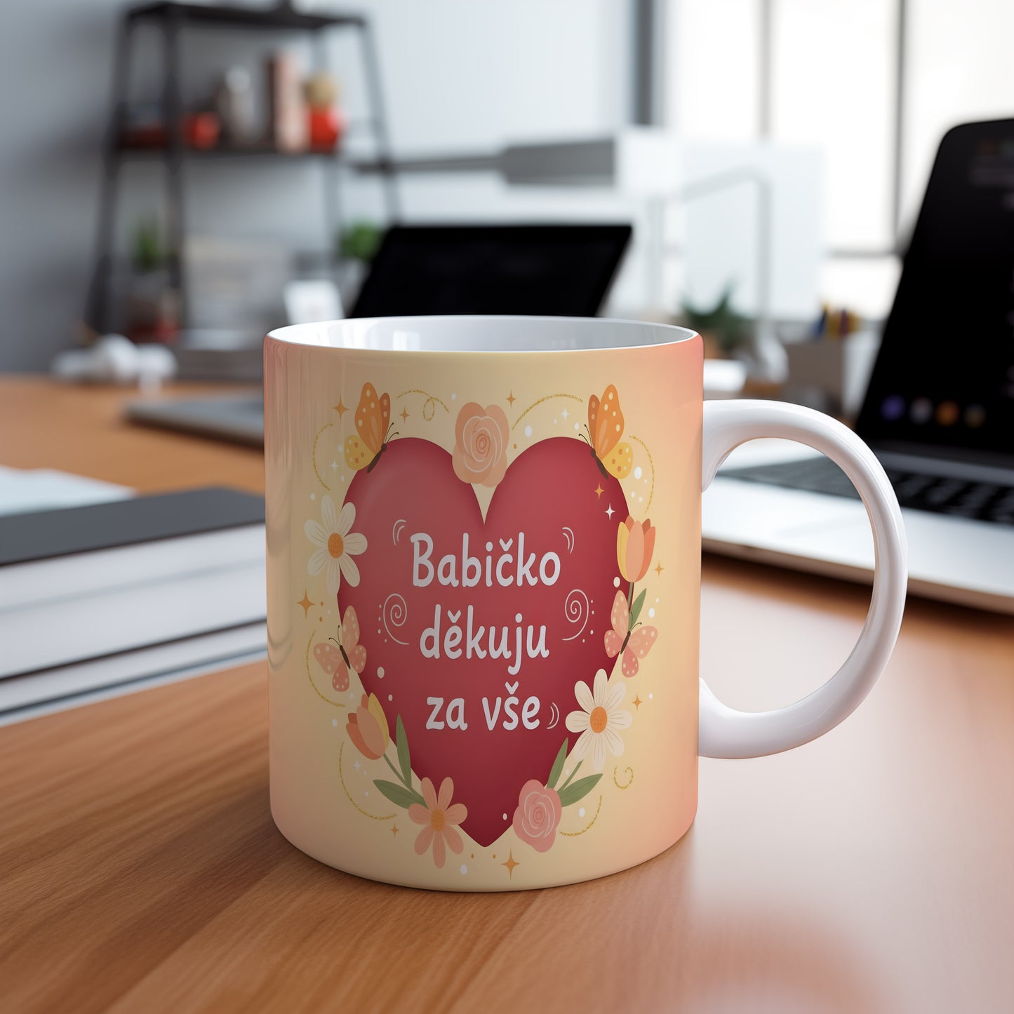 Hrnek s červeným srdcem, květinami a motýly na pastelovém pozadí.