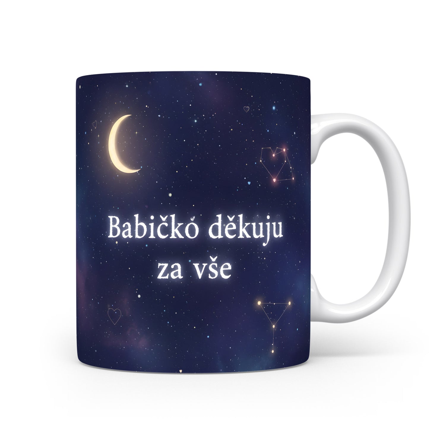 Hrnek s motivem noční oblohy, zlatým měsícem a hvězdami.