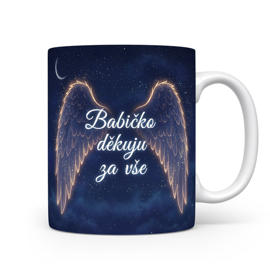Hrnek s tmavě modrou hvězdnou oblohou a zlatými andělskými křídly.