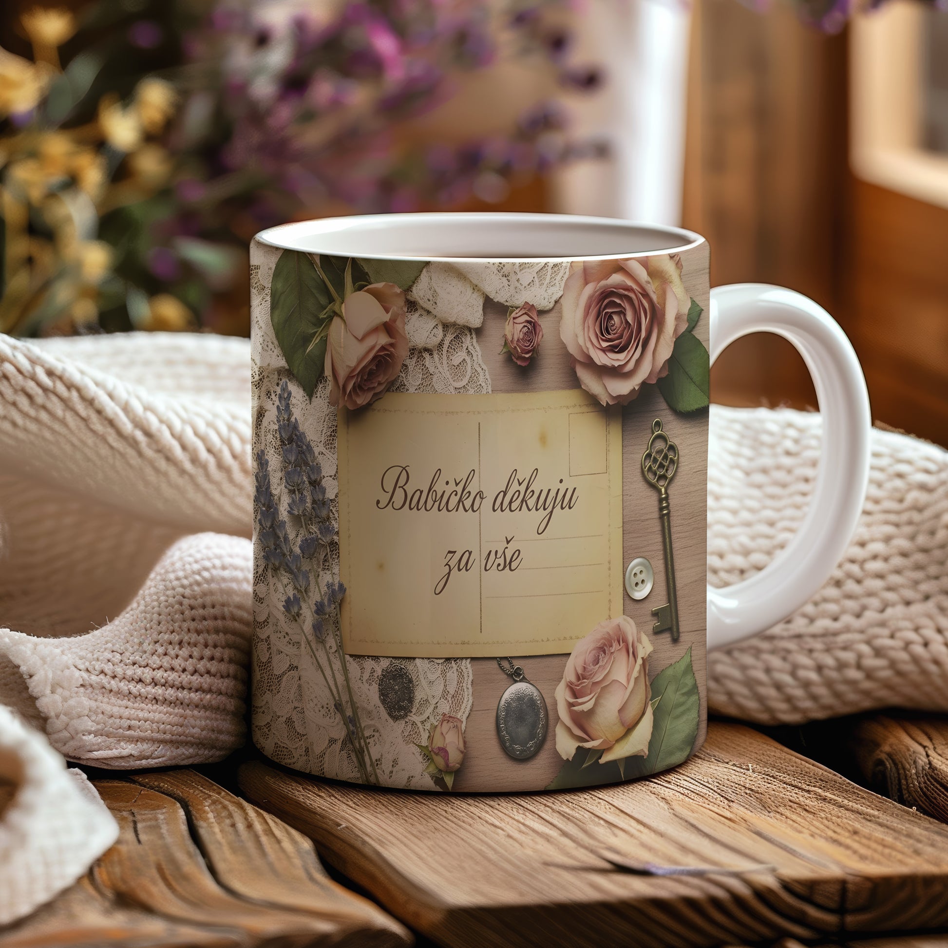 Hrnek s vintage motivem růží, krajky a dřeva.