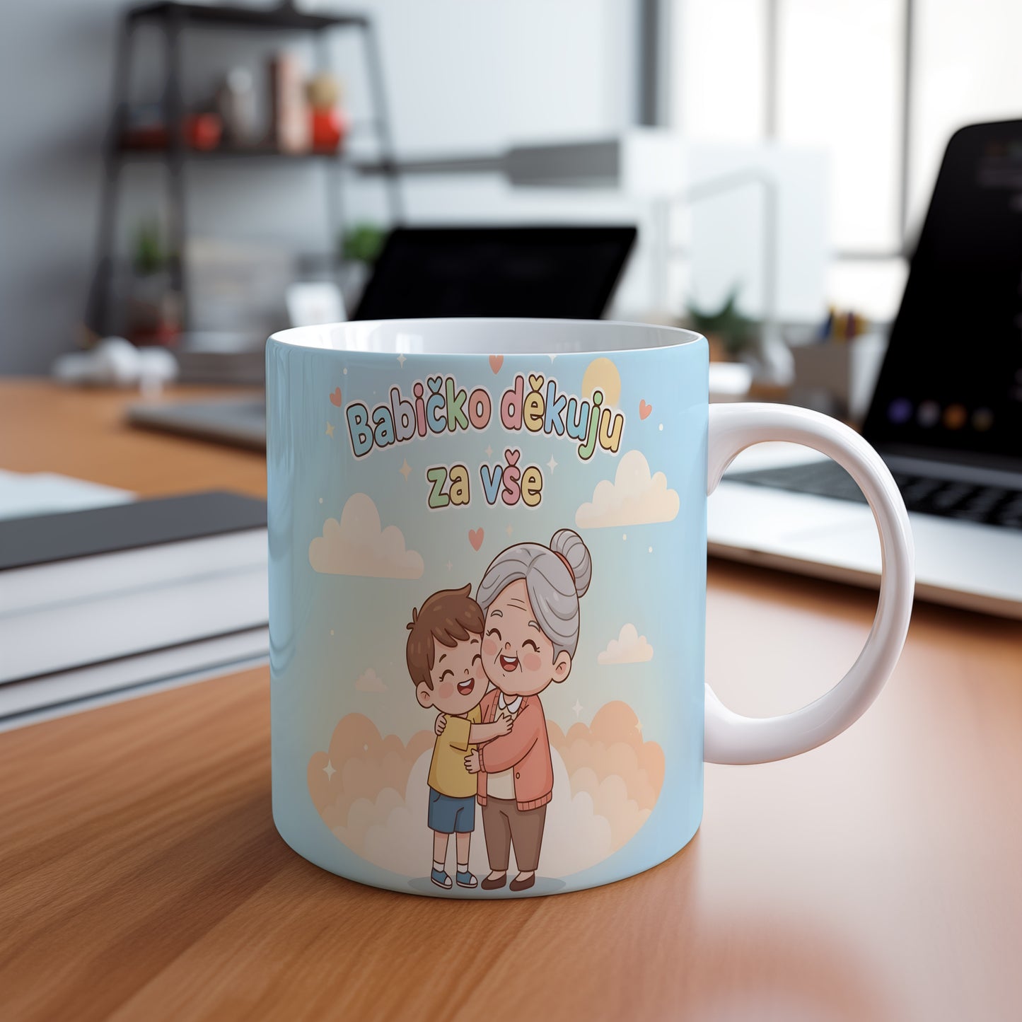Hrnek s nápisem 'Babičko děkuju za vše', pastelové oblaky a srdíčka.