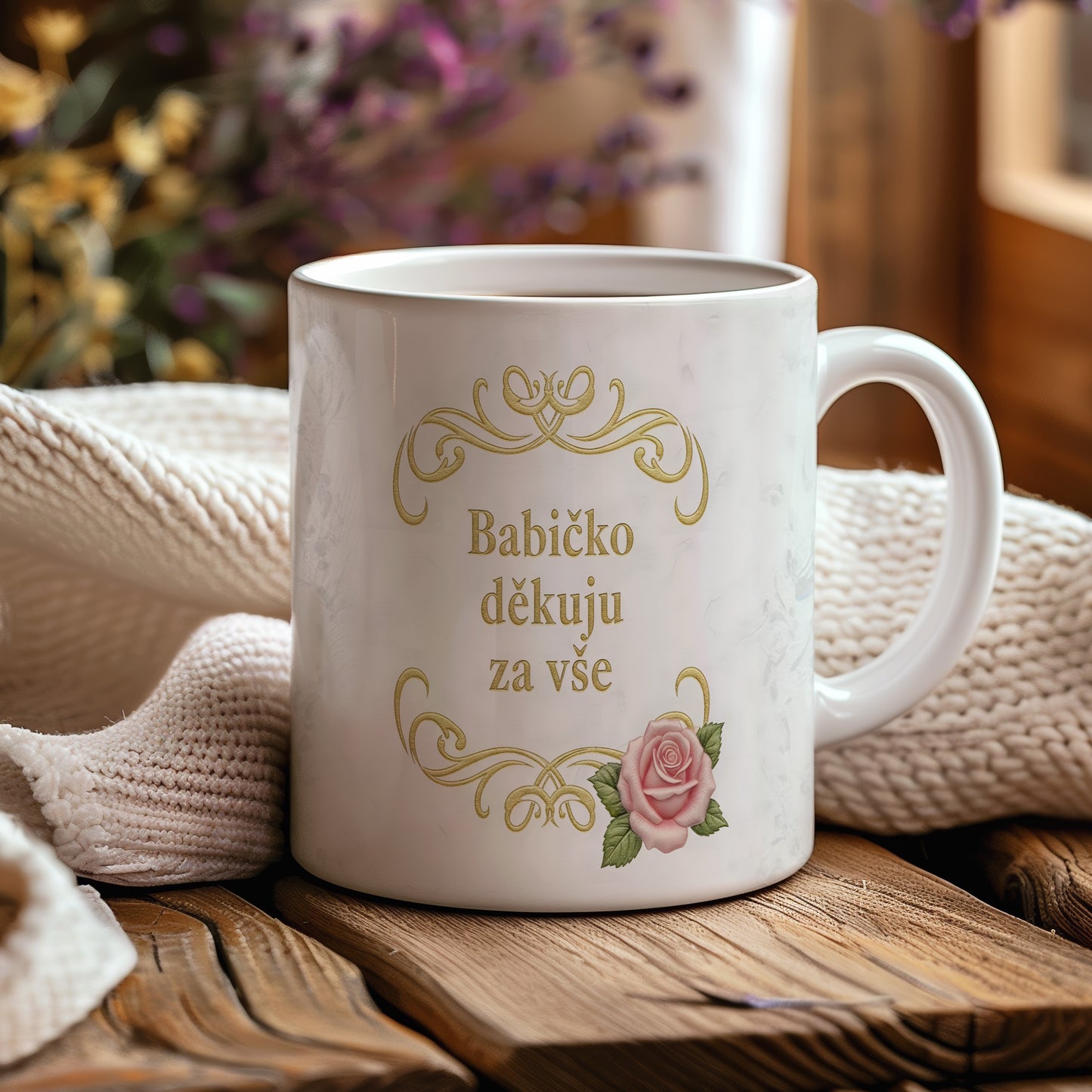 Hrnek s růžovými květy a zlatým textem na mramorovém pozadí.