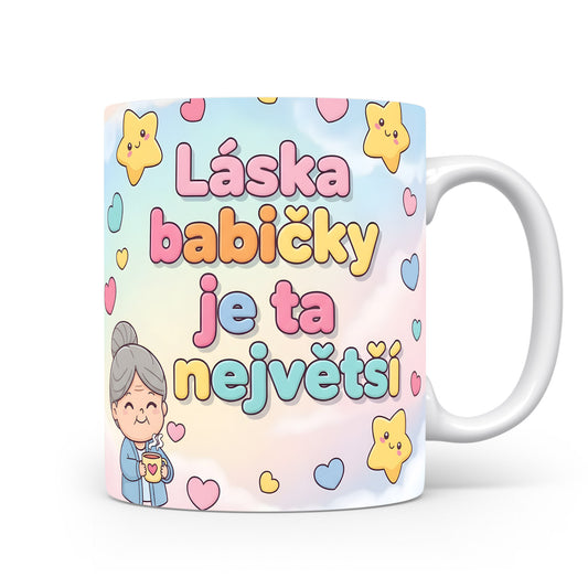 Pastelový hrnek s nápisem a motivy hvězd a srdcí.