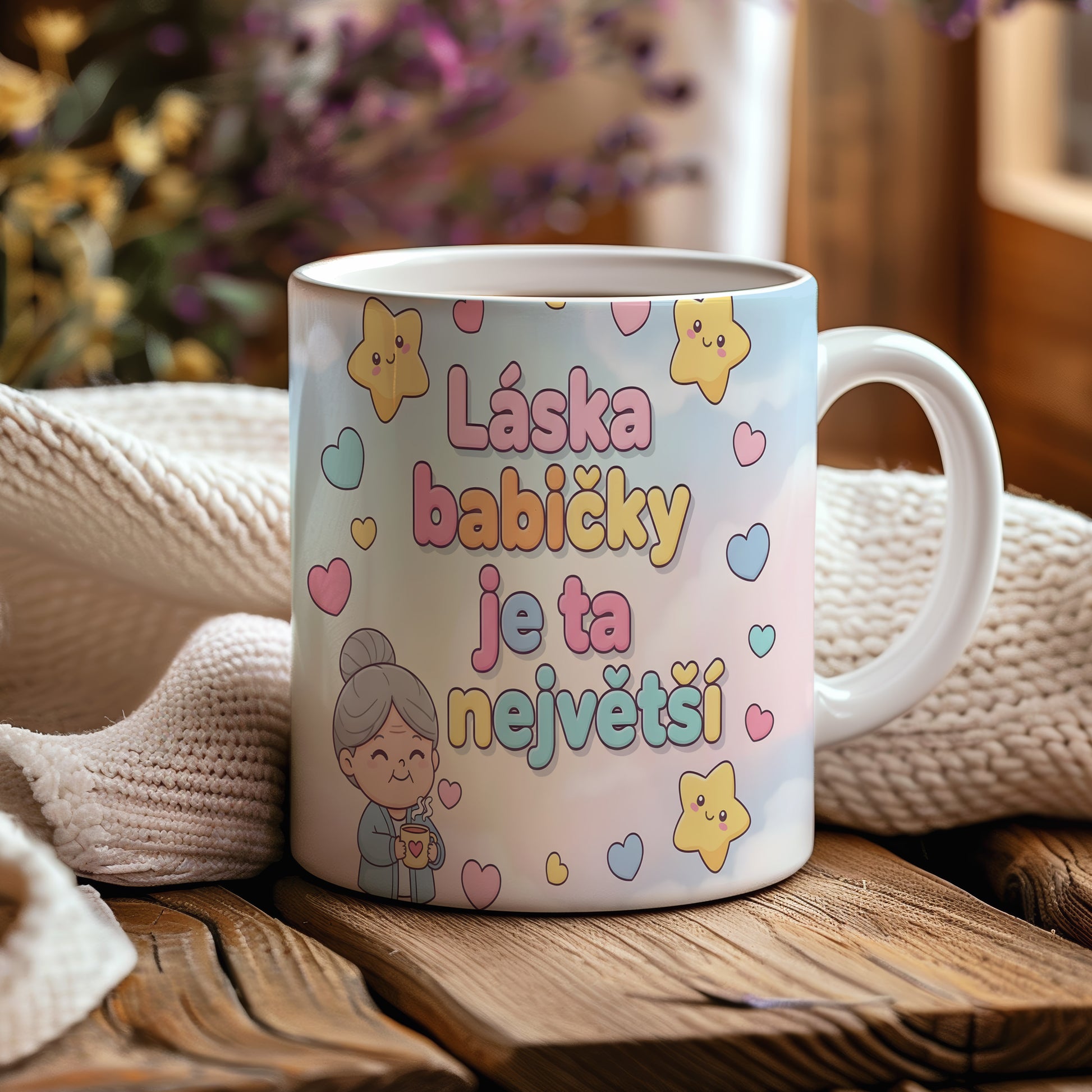 Pastelový hrnek s nápisem a motivy hvězd a srdcí.