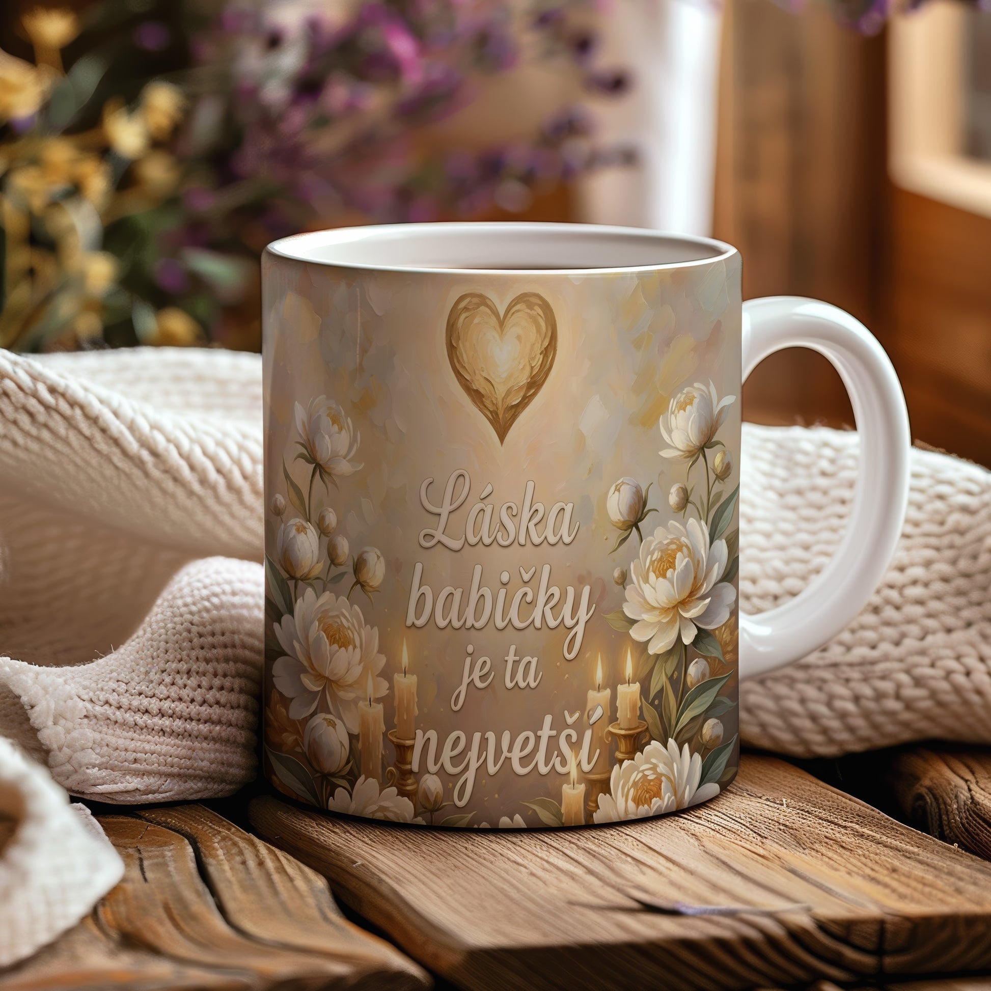 Hrnek s nápisem 'Láska babičky je ta největší', zdobený srdcem a květinami.