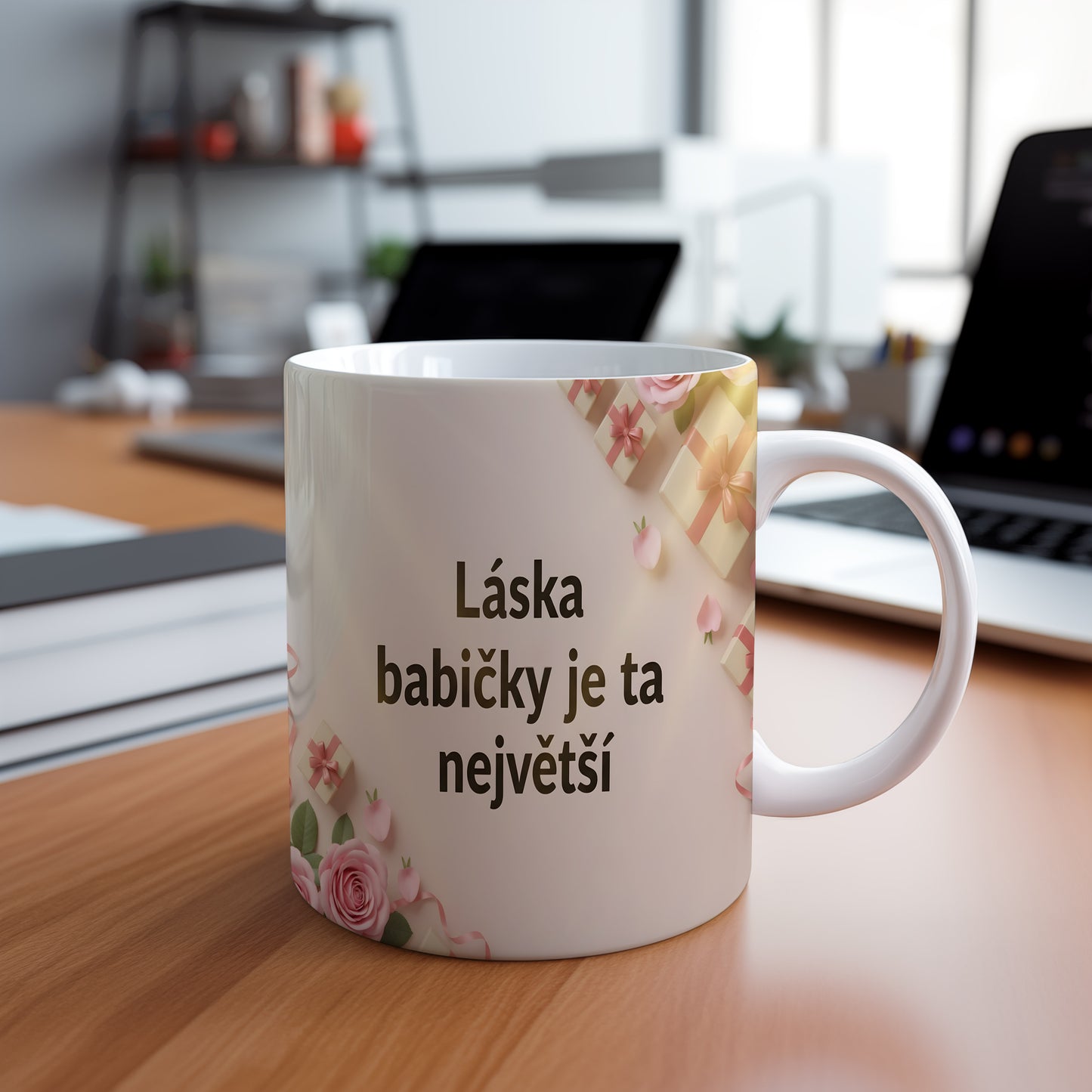 Hrnek s růžovými růžemi a dárky na pastelovém pozadí.