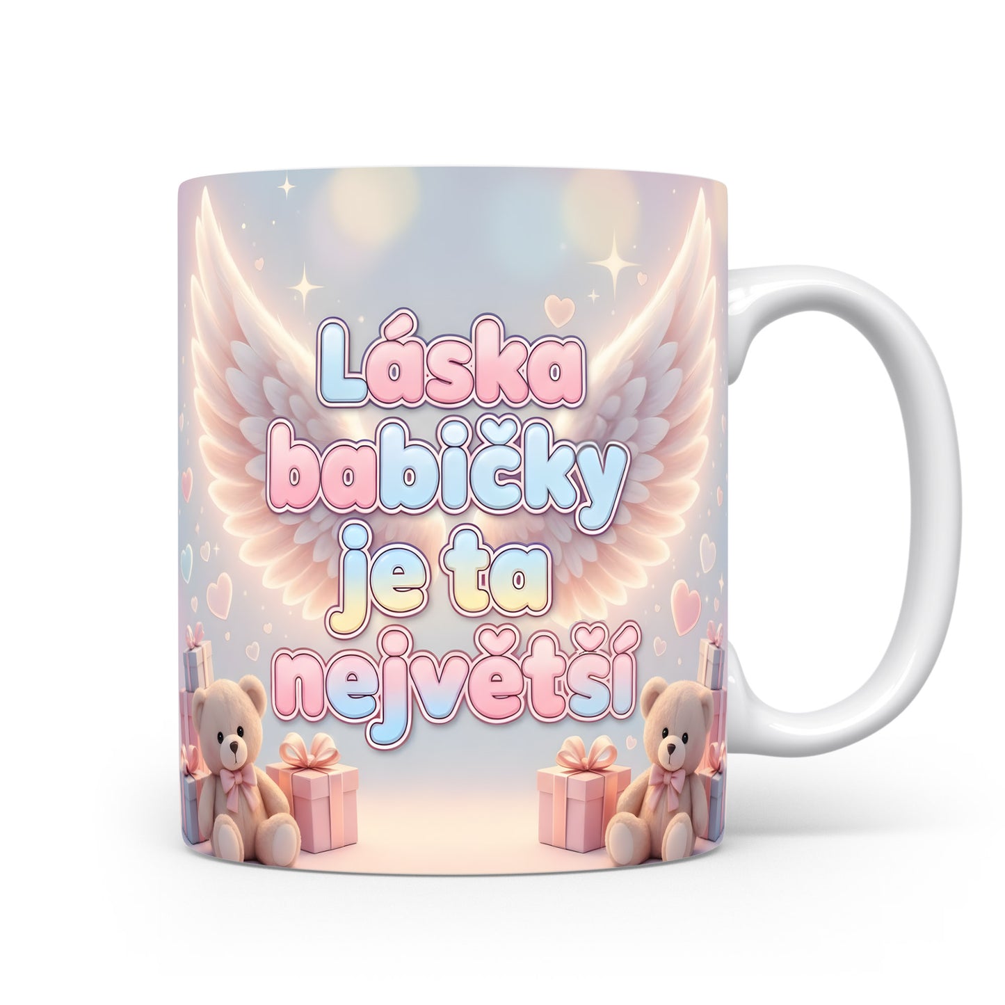Hrnek s pastelovými křídly, srdíčky a medvídky.