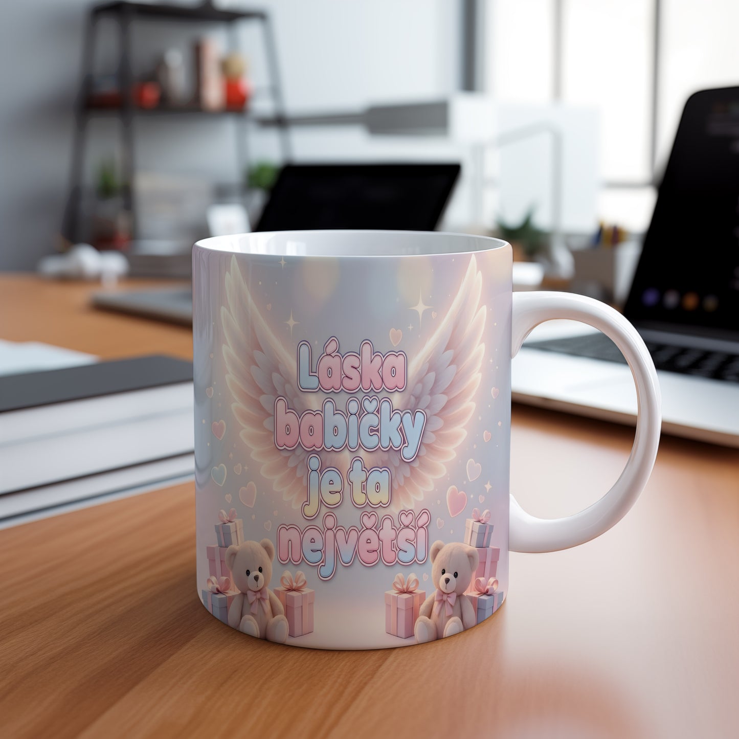 Hrnek s pastelovými křídly, srdíčky a medvídky.