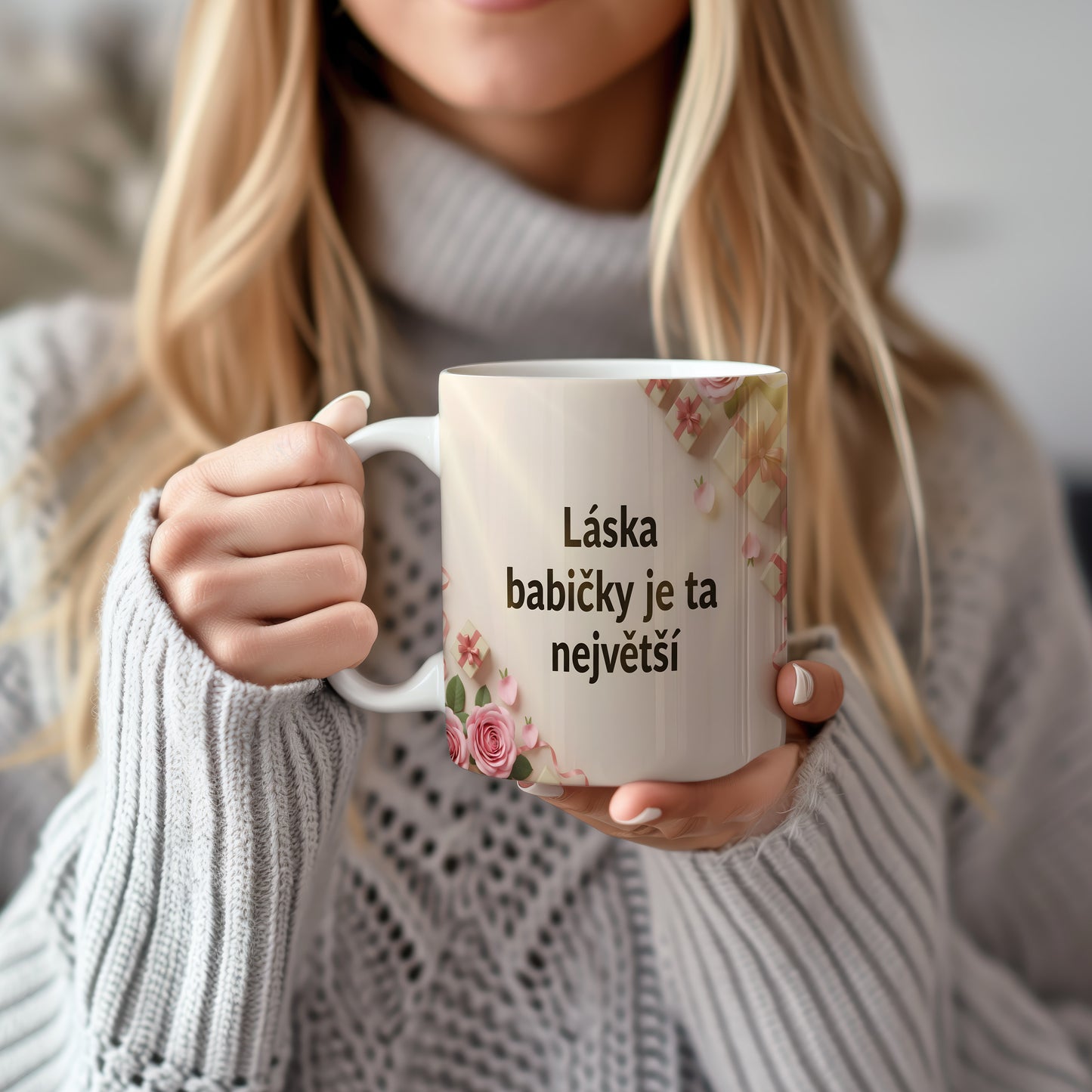 Hrnek s růžemi a dárky na krémovém pozadí.