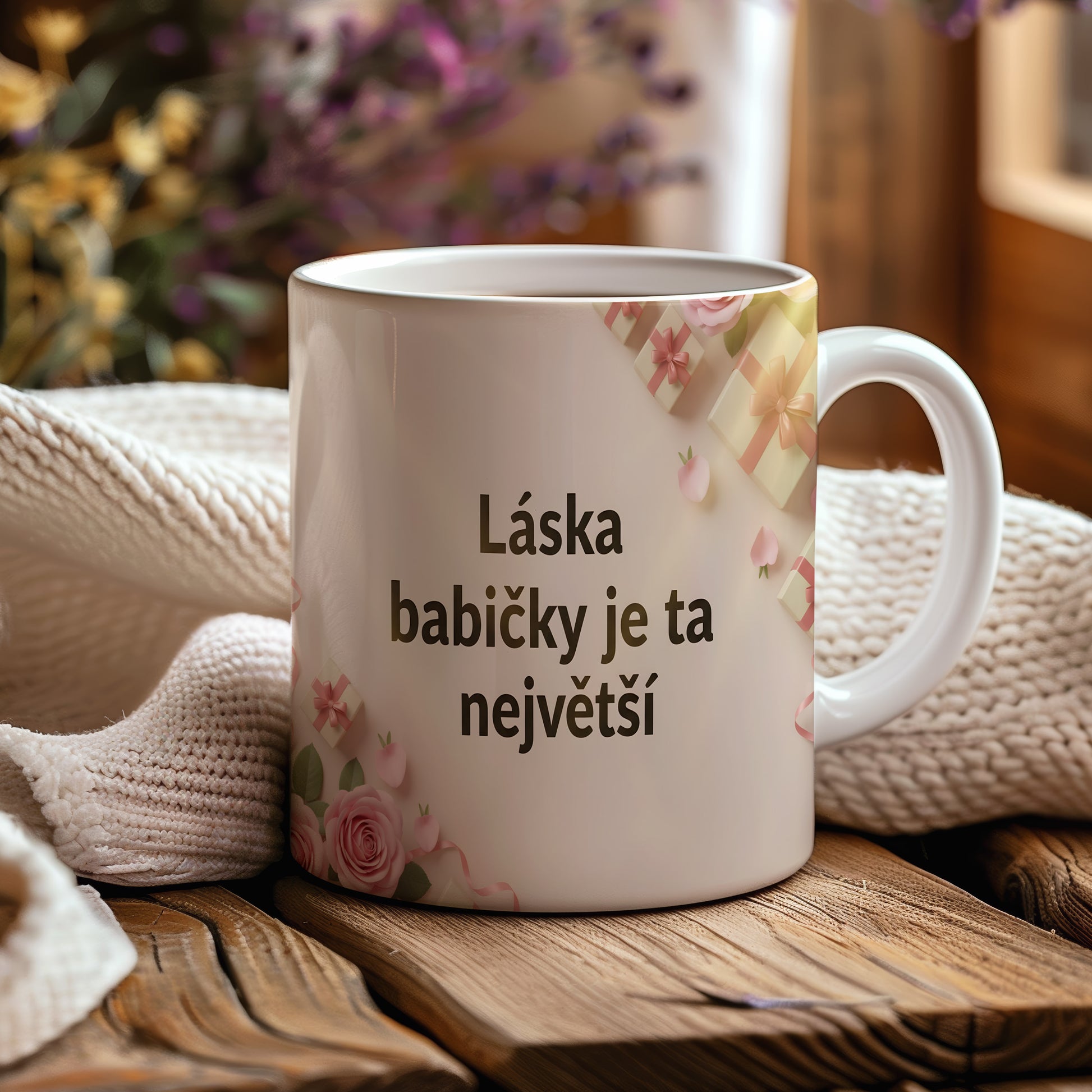 Hrnek s růžemi a dárky na krémovém pozadí.